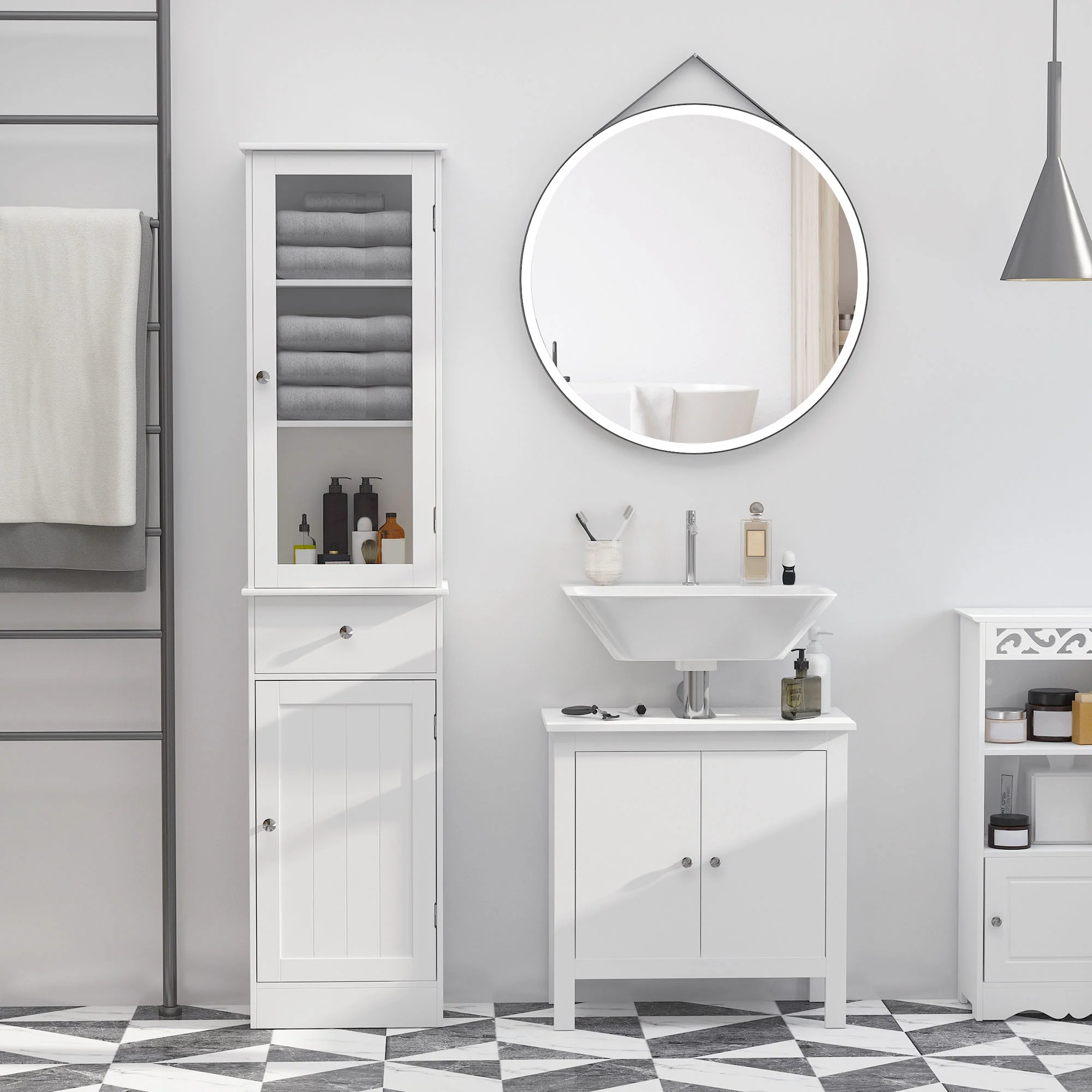 Tall Bathroom Cabinet, Narrow Storage Cabinet with Acrylic Door, Drawer & 3 Shelves, White - Image 9