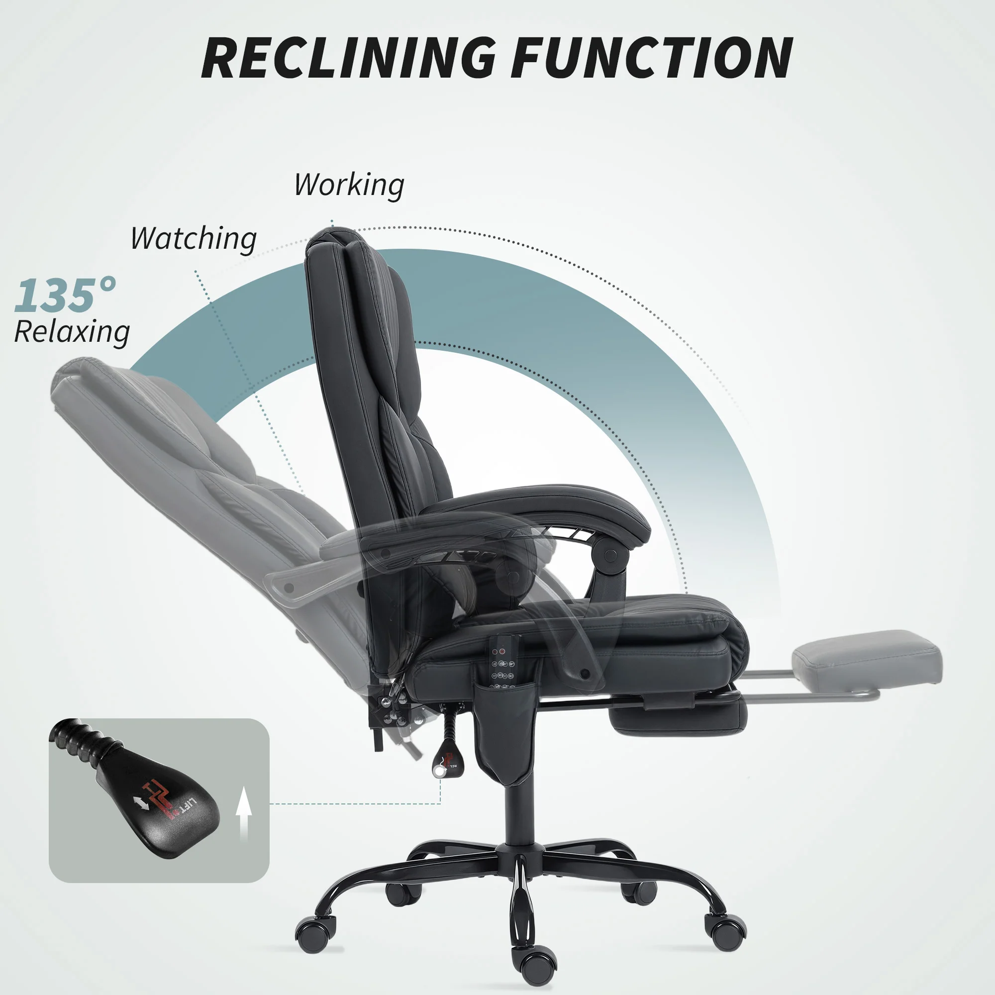 Black Massage Office Chair with Footrest, Lumbar Support and 6 Vibration Points - Image 10