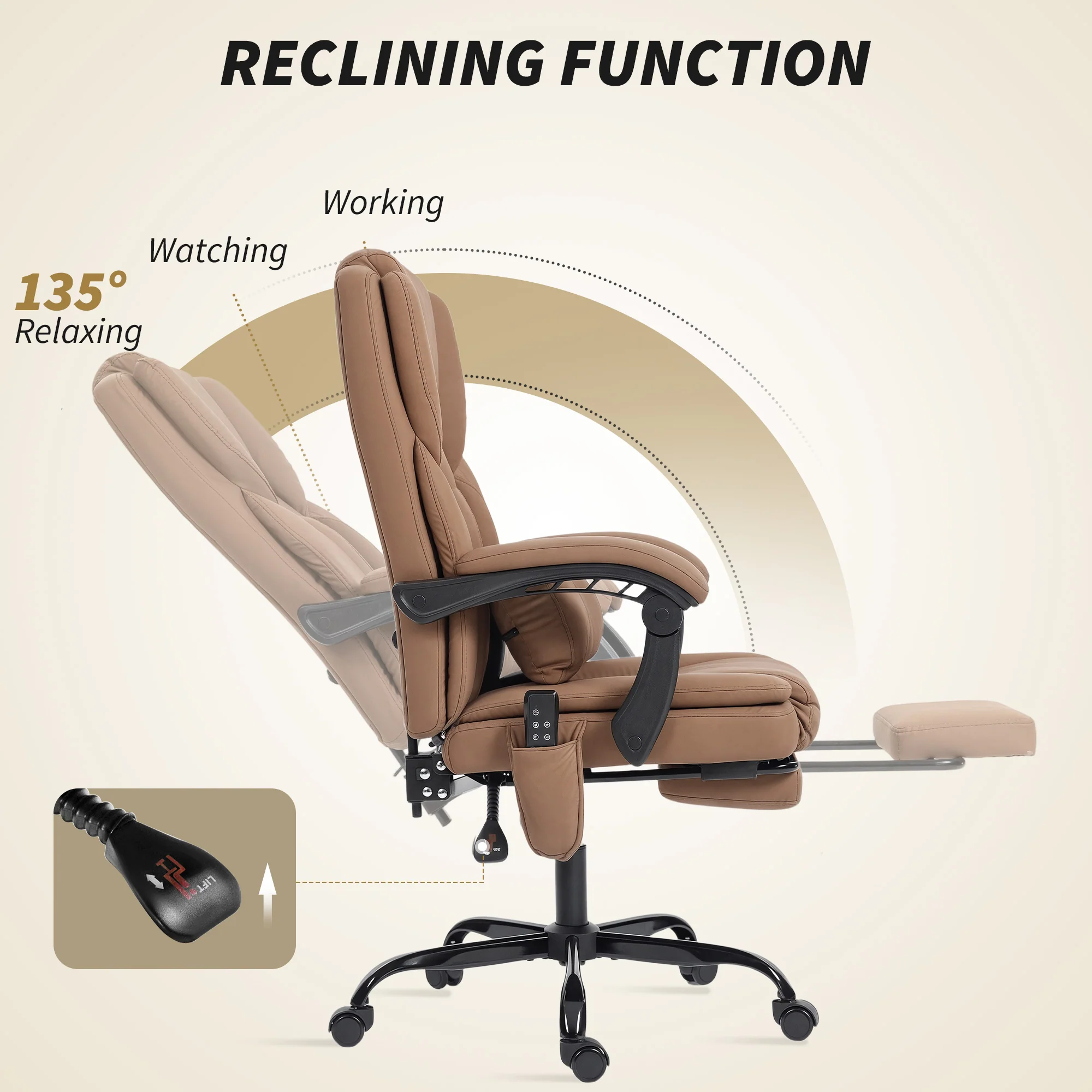 Faux Leather Massage Office Chair with 6 Vibration Points, Recliner & Footrest, Brown - Image 10