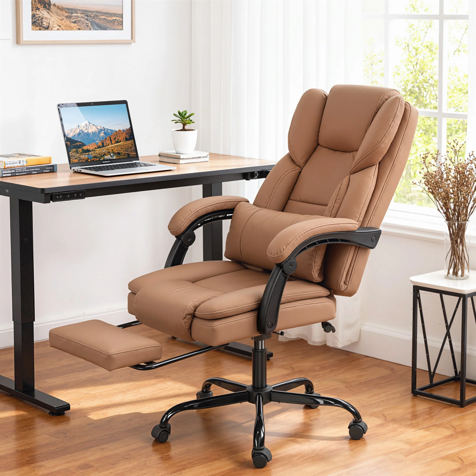 Faux Leather Massage Office Chair with 6 Vibration Points, Recliner & Footrest, Brown - Image 3