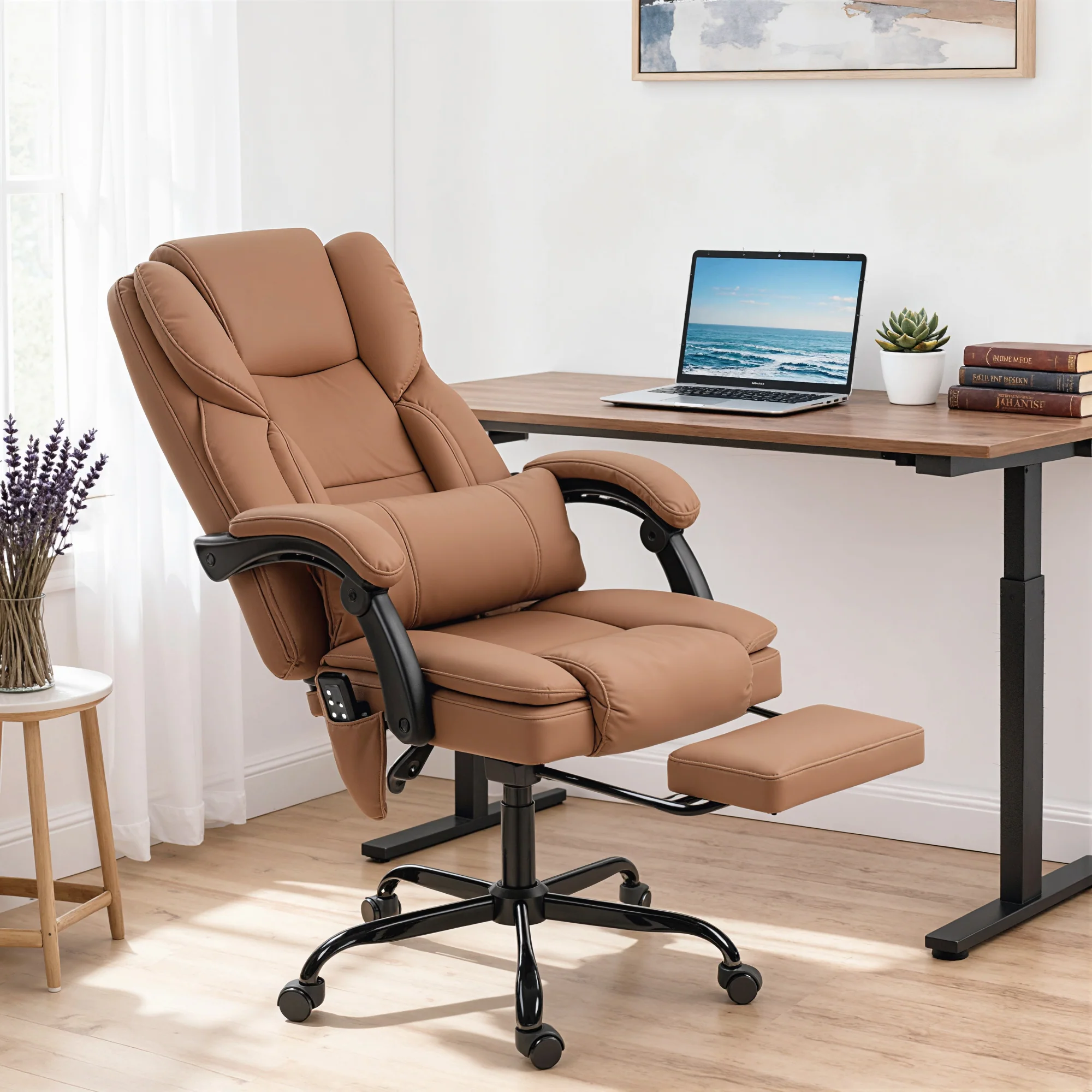 Faux Leather Massage Office Chair with 6 Vibration Points, Recliner & Footrest, Brown - Image 4