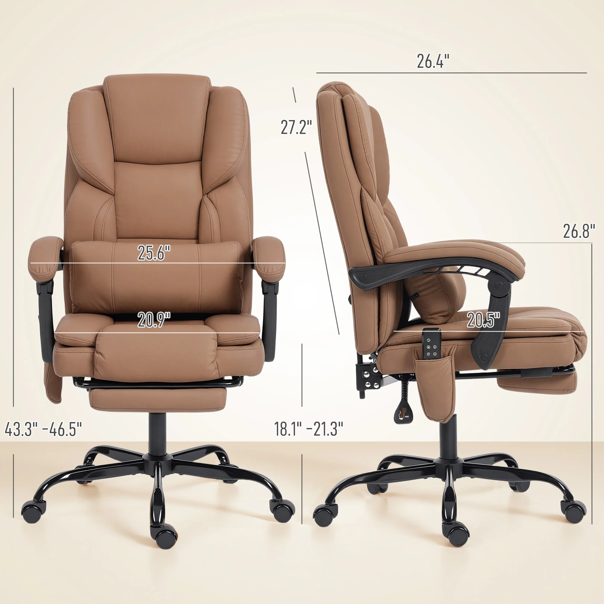 Faux Leather Massage Office Chair with 6 Vibration Points, Recliner & Footrest, Brown - Image 5