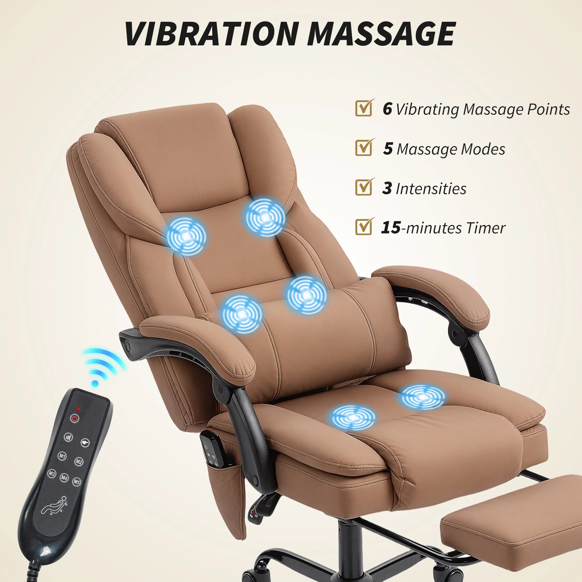 Faux Leather Massage Office Chair with 6 Vibration Points, Recliner & Footrest, Brown - Image 6