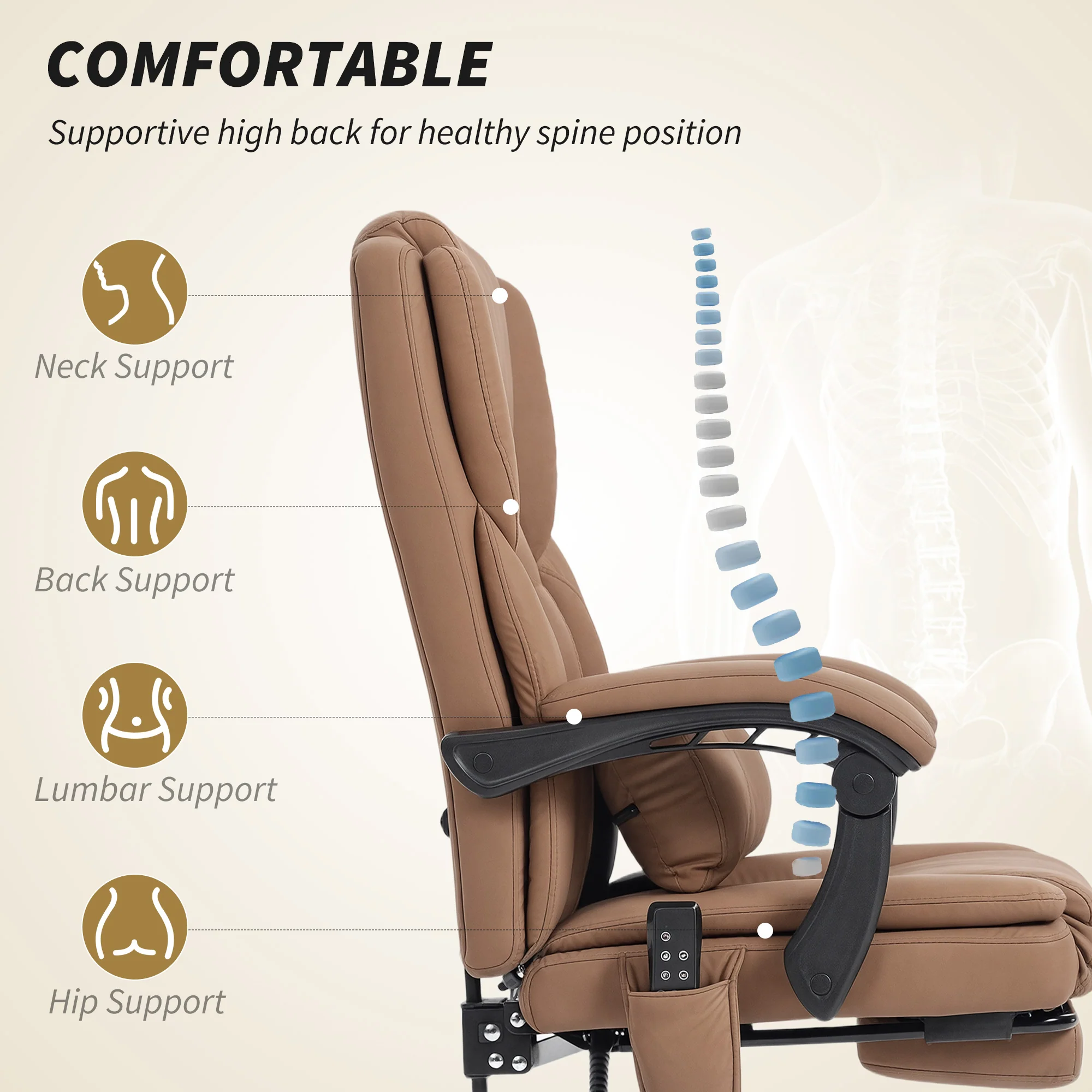Faux Leather Massage Office Chair with 6 Vibration Points, Recliner & Footrest, Brown - Image 7
