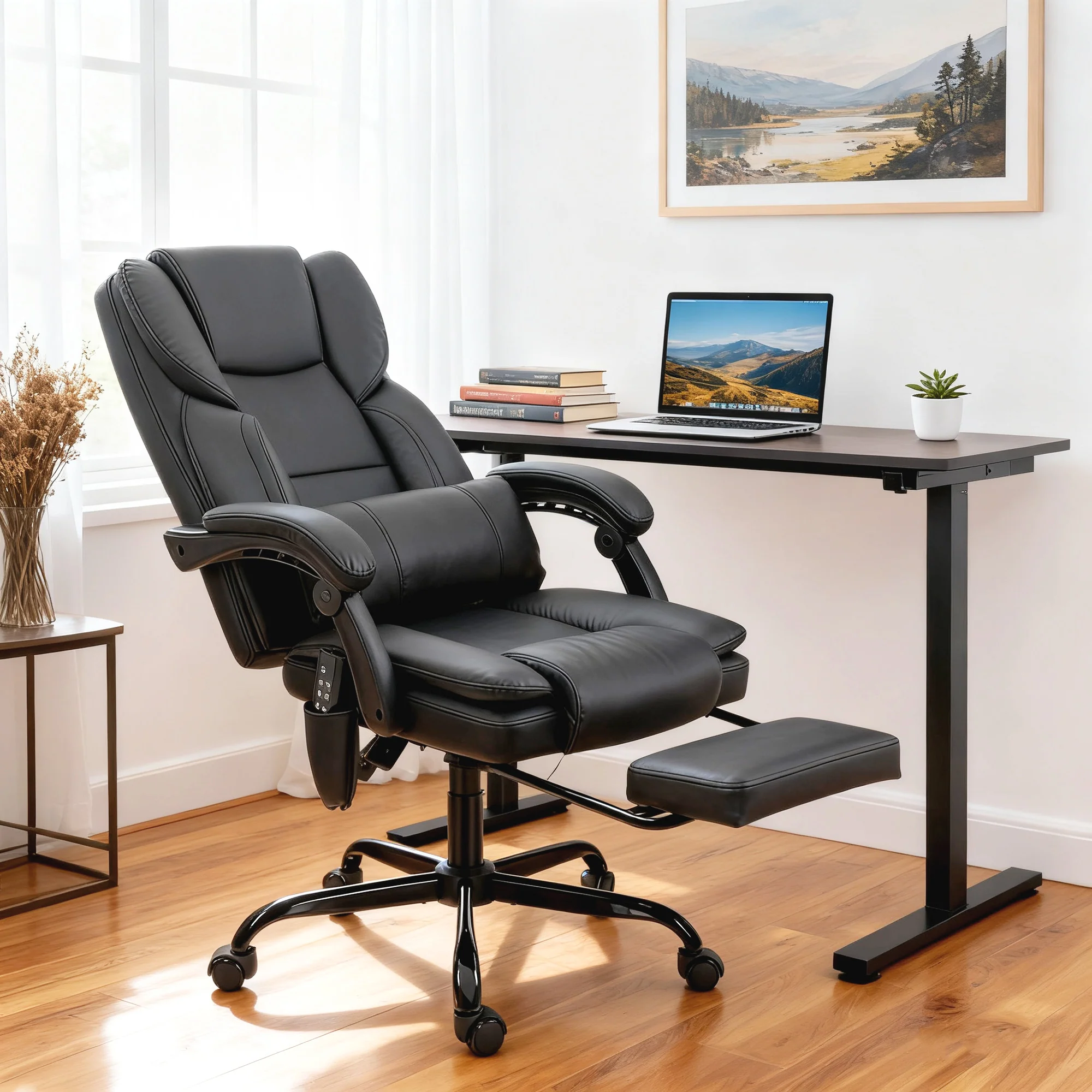 Black Massage Office Chair with Footrest, Lumbar Support and 6 Vibration Points - Image 3