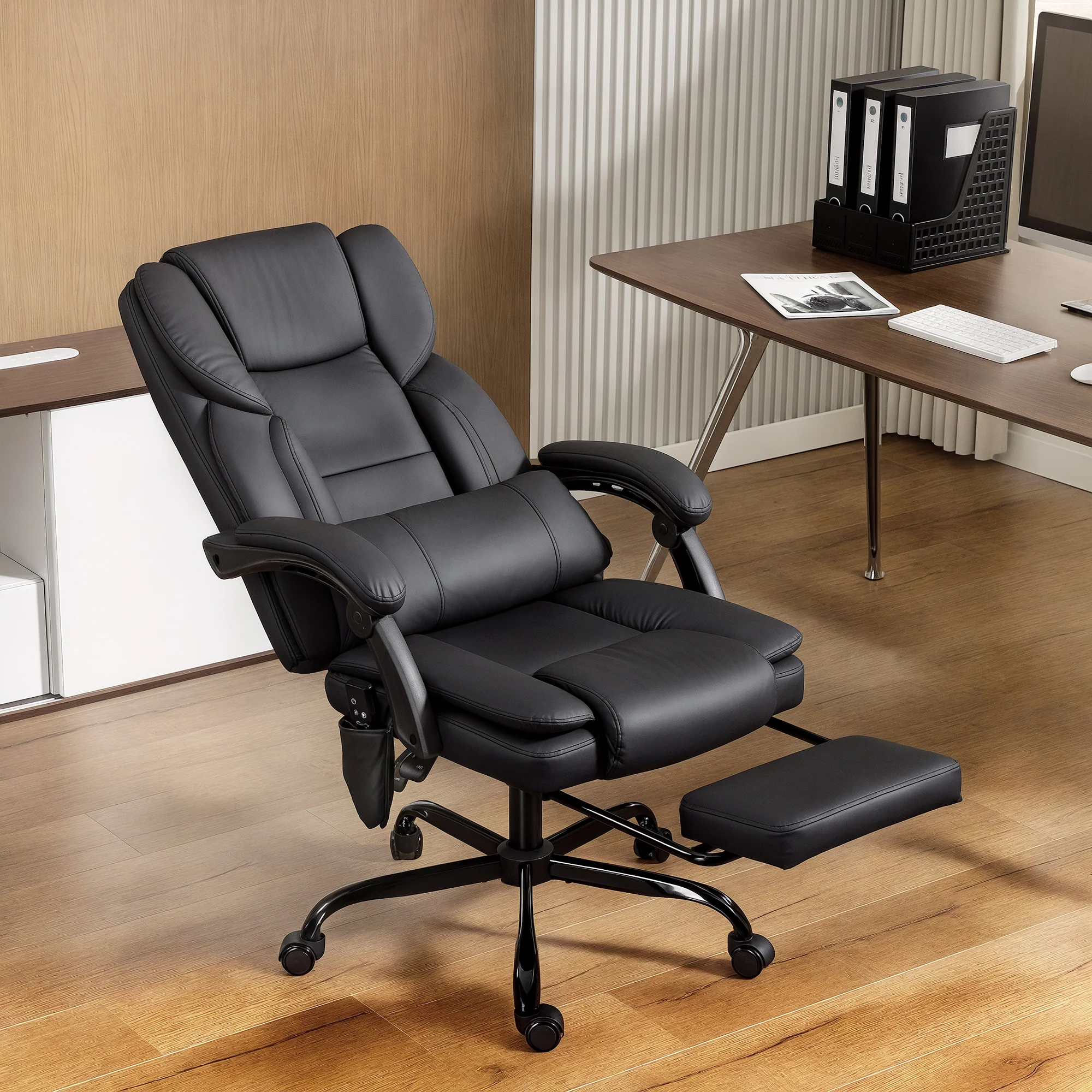 Black Massage Office Chair with Footrest, Lumbar Support and 6 Vibration Points - Image 4