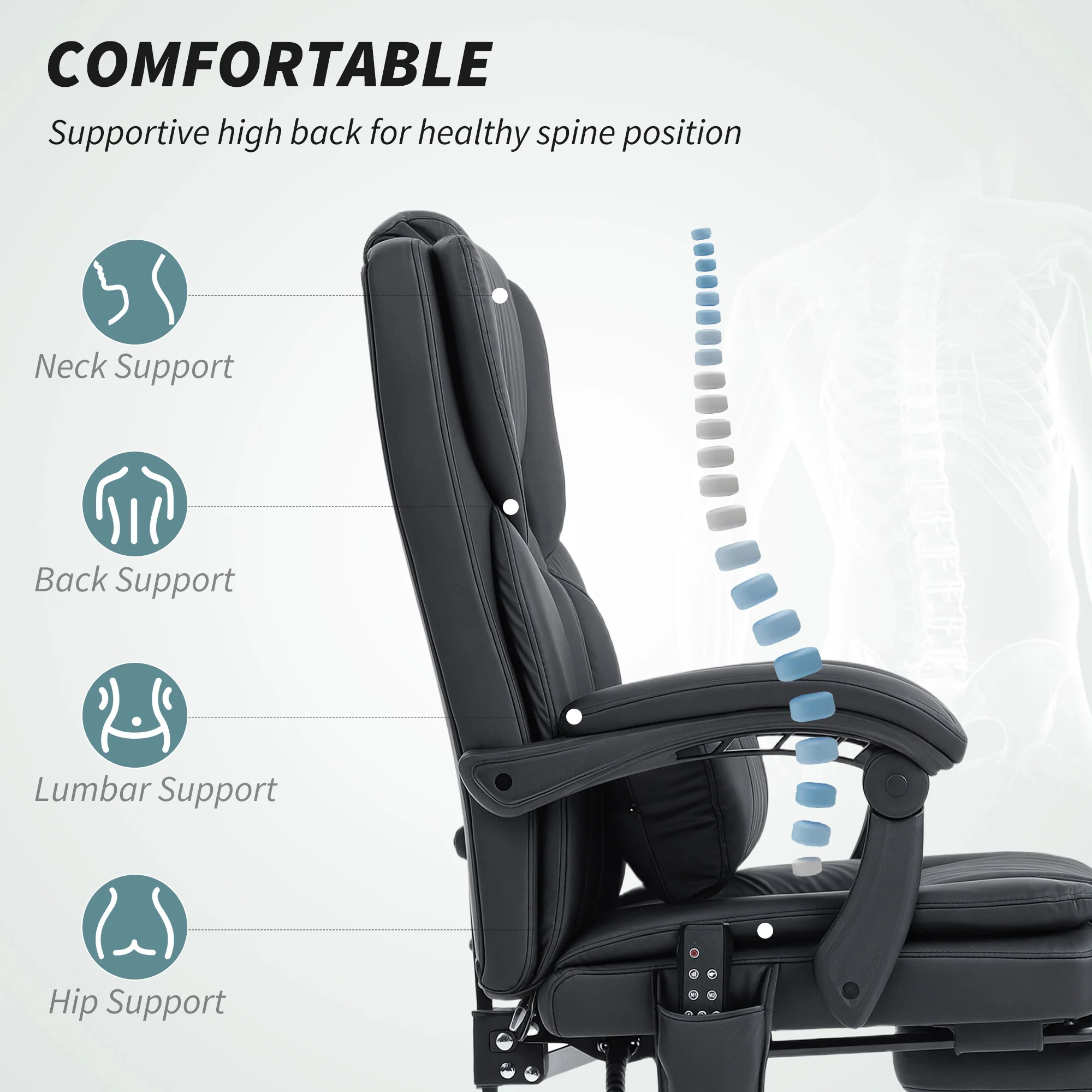 Black Massage Office Chair with Footrest, Lumbar Support and 6 Vibration Points - Image 7