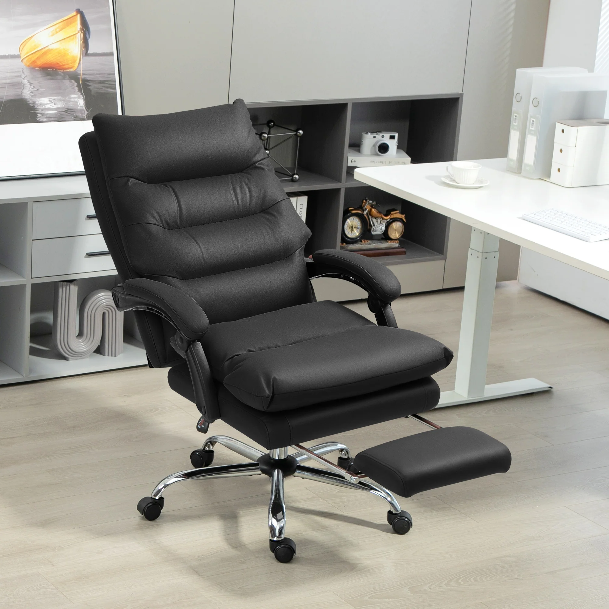 Heated Massage Office Chair with Footrest, Swivel Wheels & Double-tier Padding, Black - Image 4