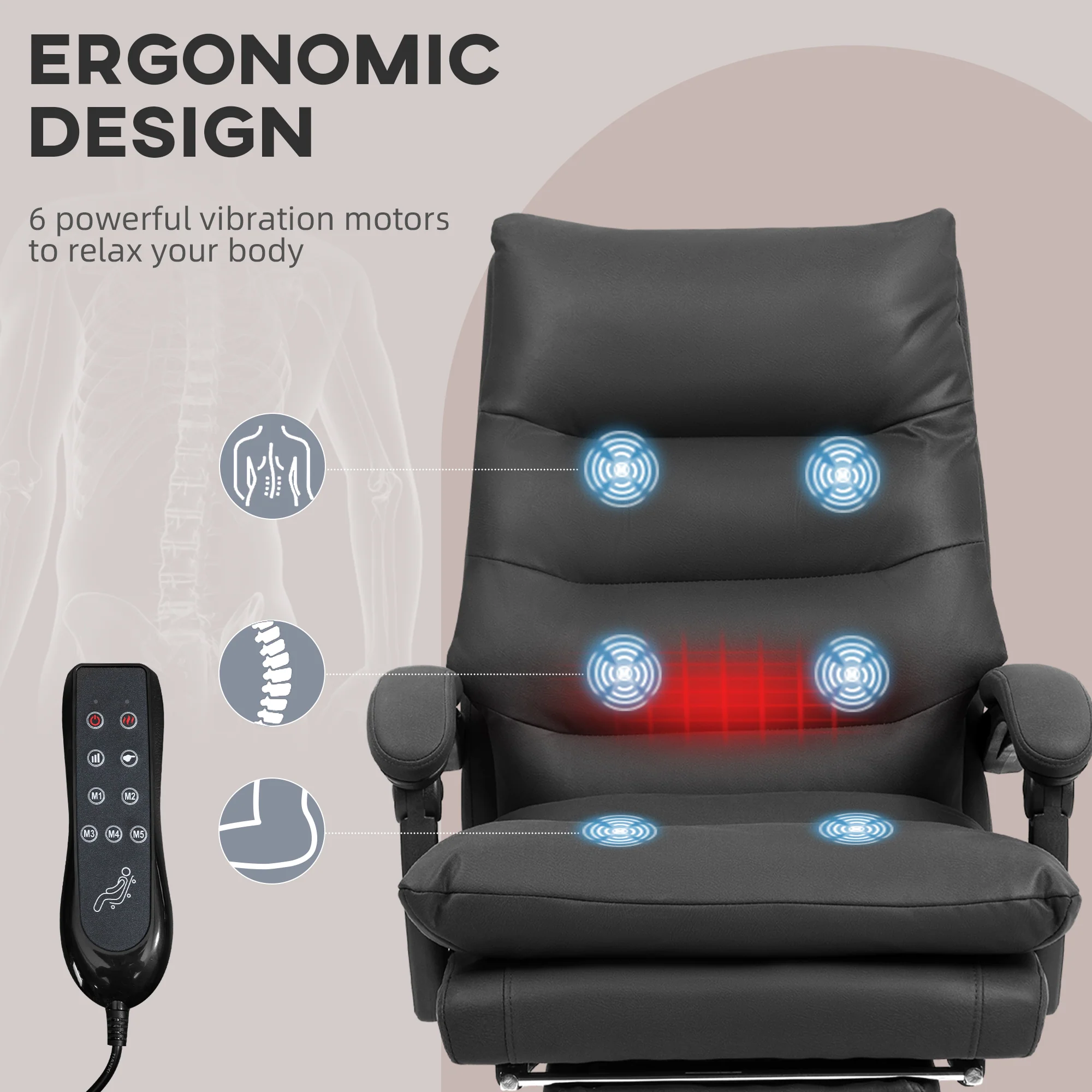 Heated Massage Office Chair with Footrest, Swivel Wheels & Double-tier Padding, Black - Image 6