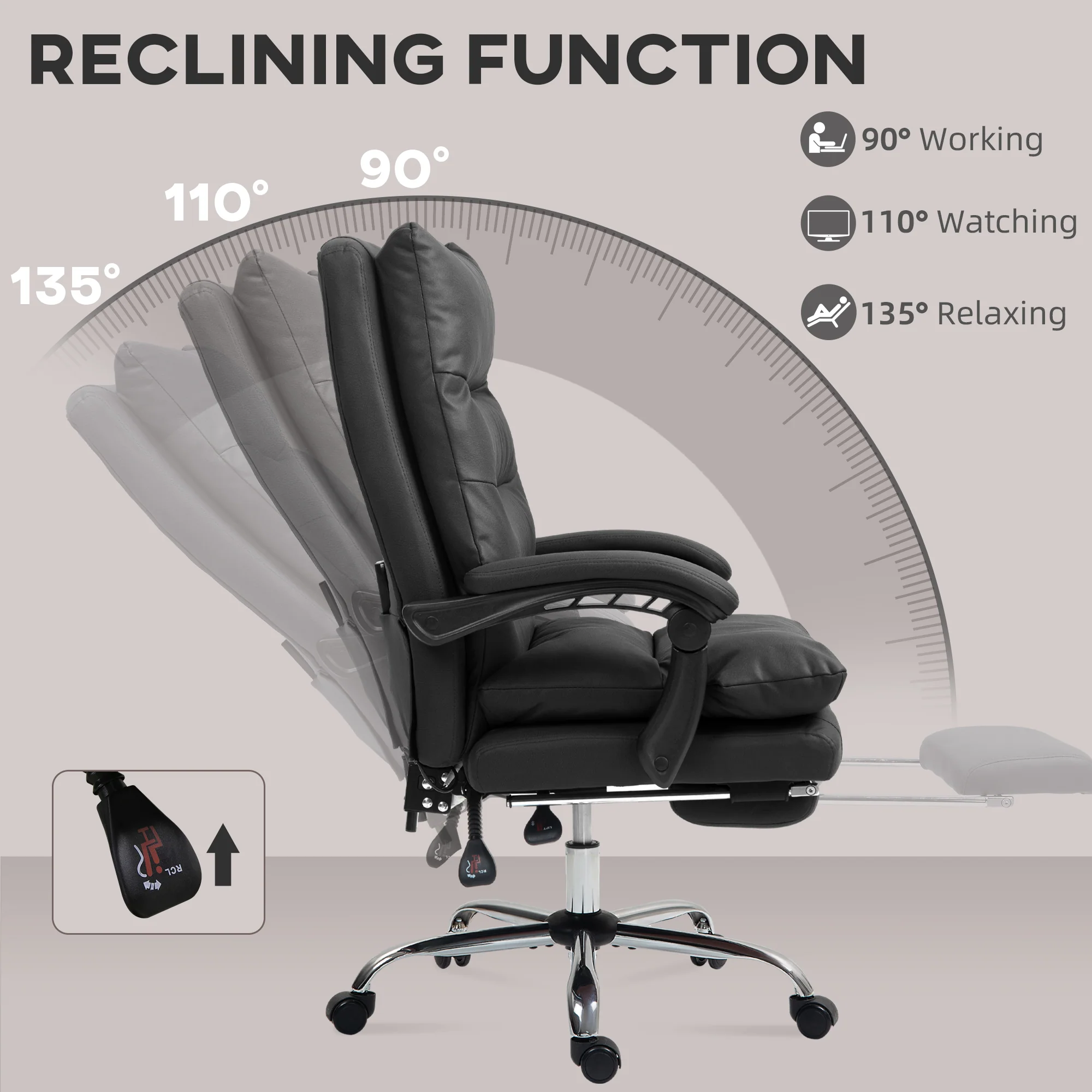 Heated Massage Office Chair with Footrest, Swivel Wheels & Double-tier Padding, Black - Image 8