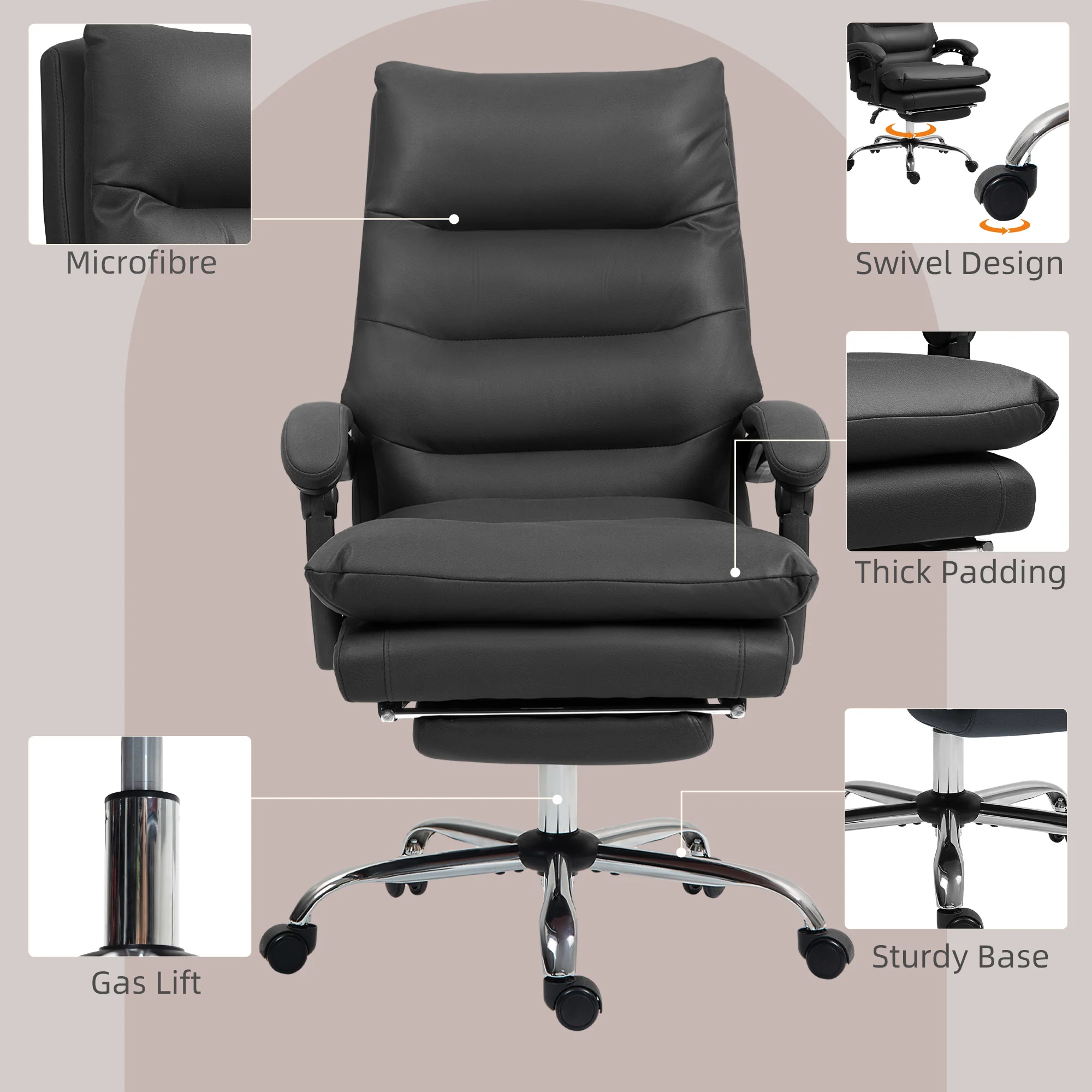 Heated Massage Office Chair with Footrest, Swivel Wheels & Double-tier Padding, Black - Image 9