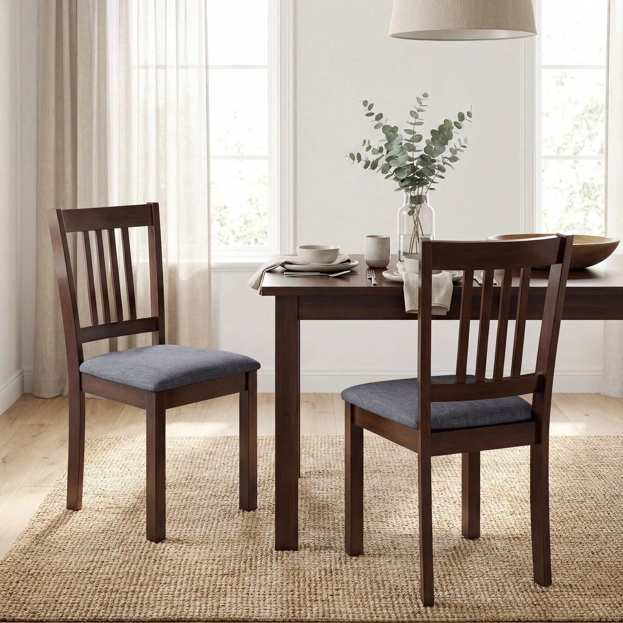 Set of 2 Modern Upholstered Dining Chairs with Linen Fabric and Rubberwood Legs in Gray - Image 3