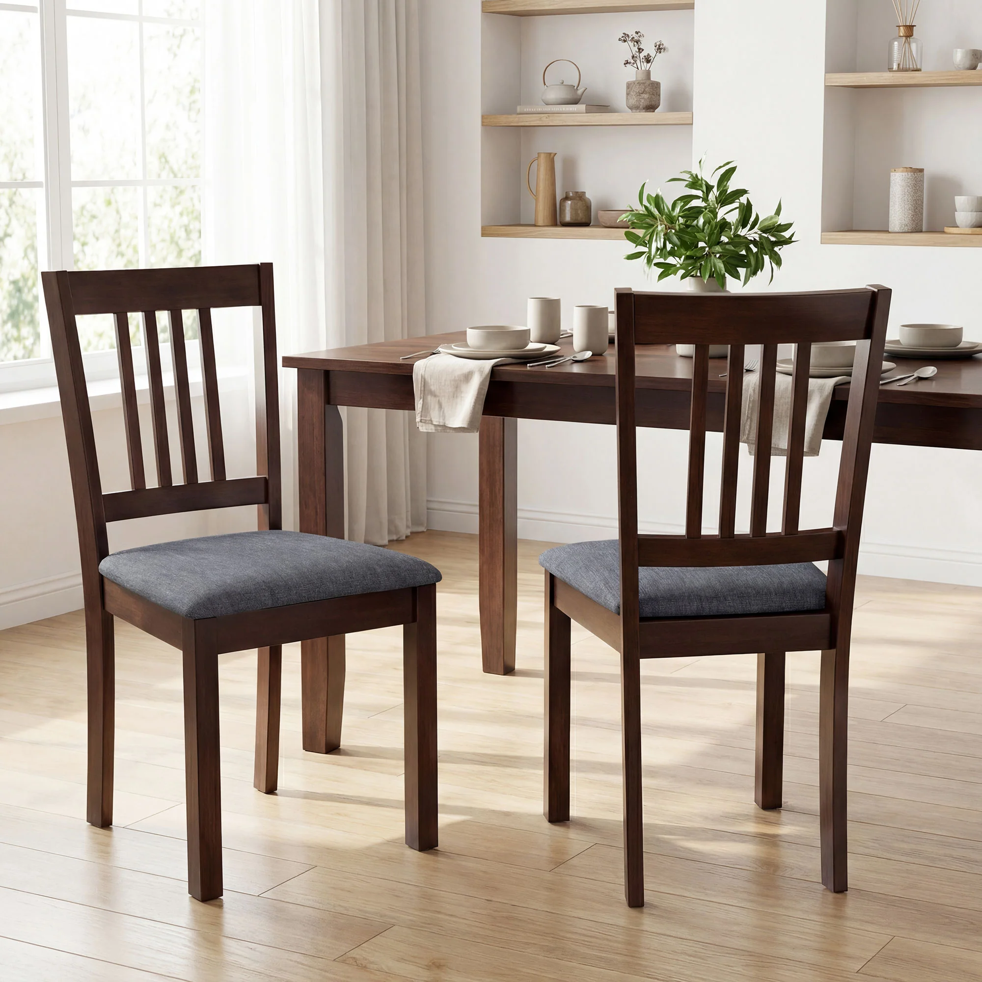 Set of 2 Modern Upholstered Dining Chairs with Linen Fabric and Rubberwood Legs in Gray - Image 4