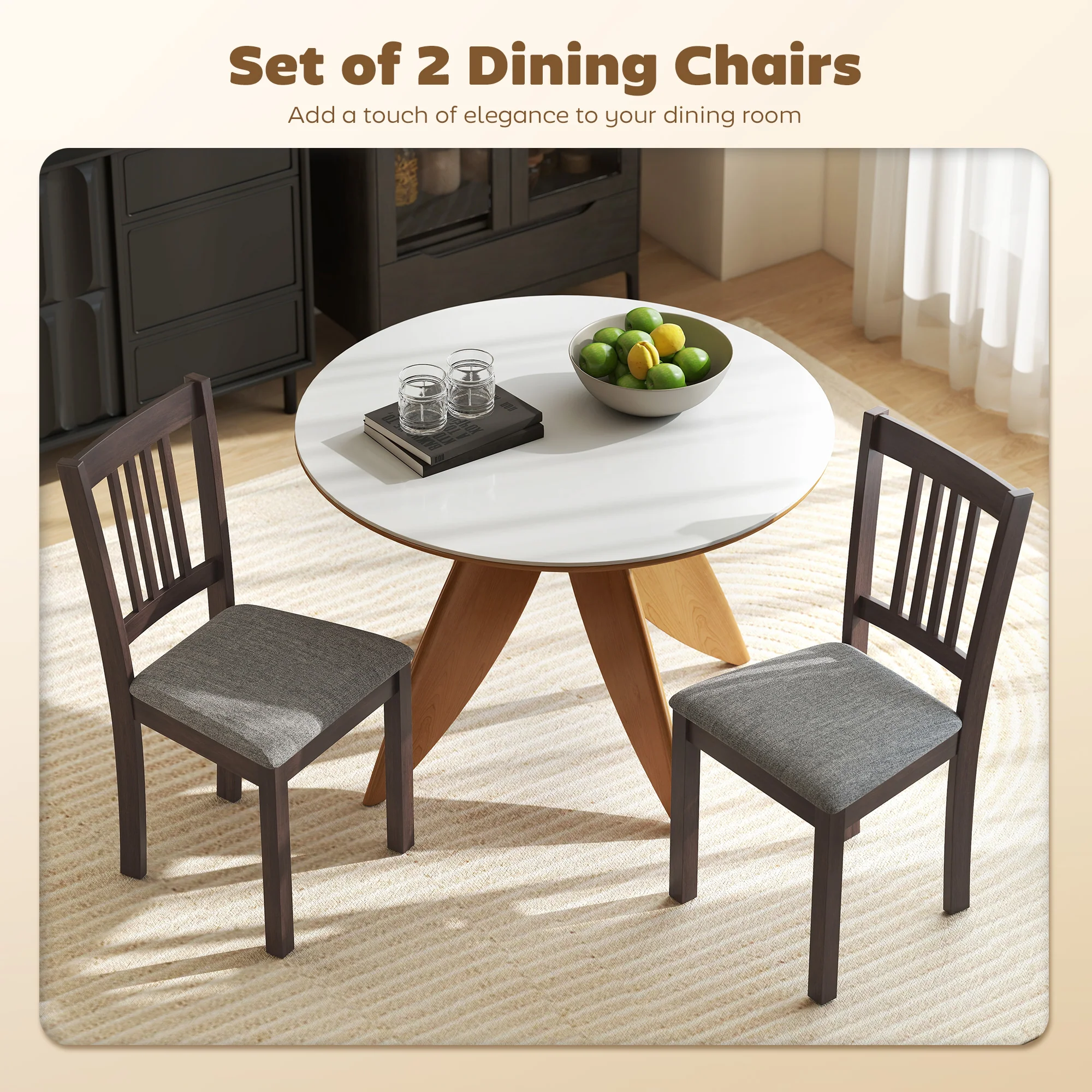 Set of 2 Modern Upholstered Dining Chairs with Linen Fabric and Rubberwood Legs in Gray - Image 6