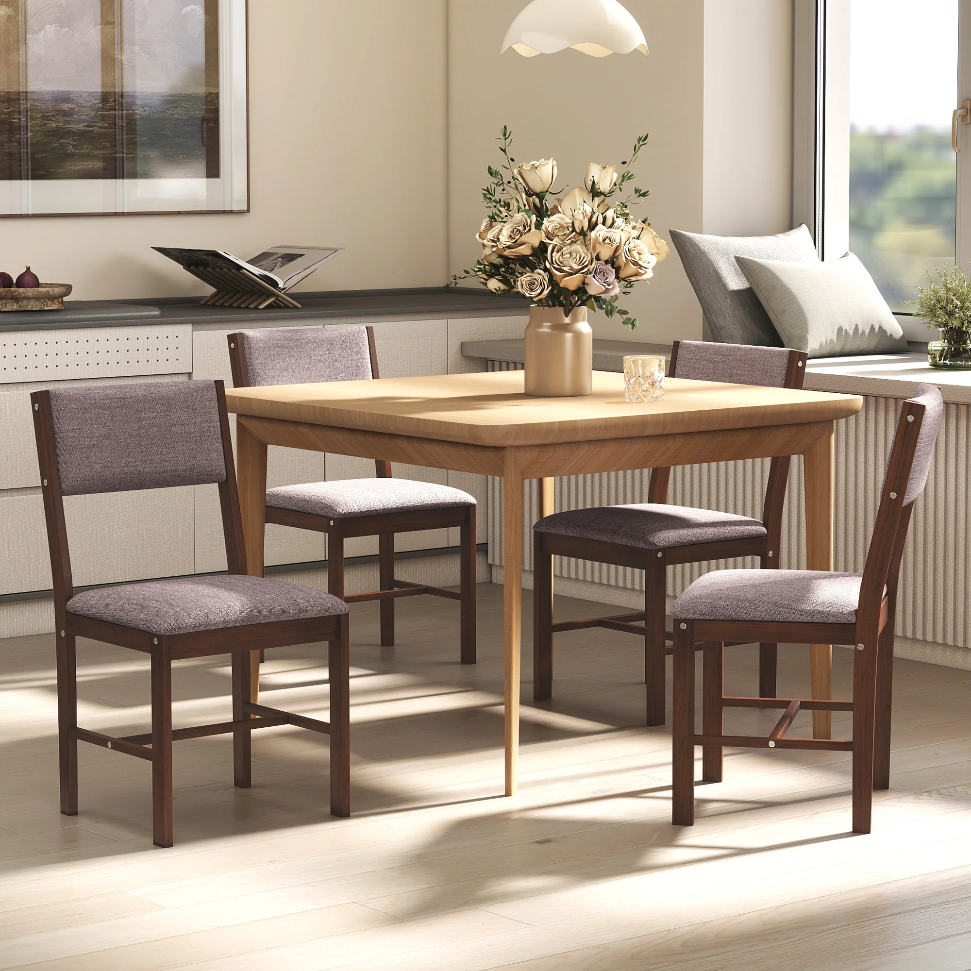 Set of 4 Linen Upholstered Dining Chairs with Rubberwood Legs in Brown - Image 10