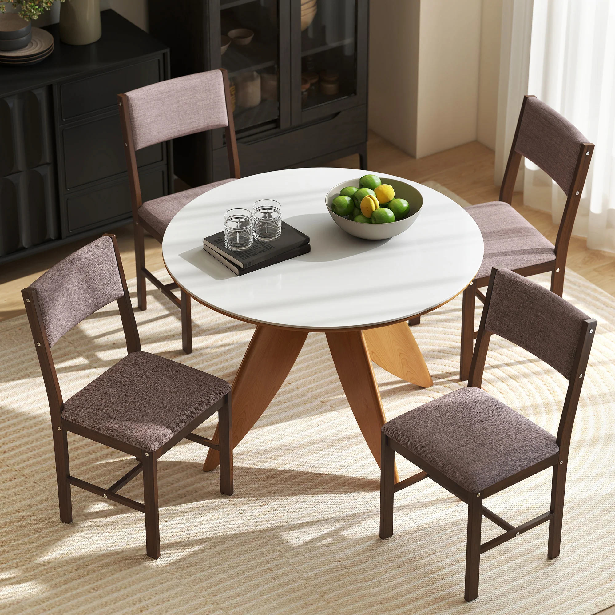 Set of 4 Linen Upholstered Dining Chairs with Rubberwood Legs in Brown - Image 11