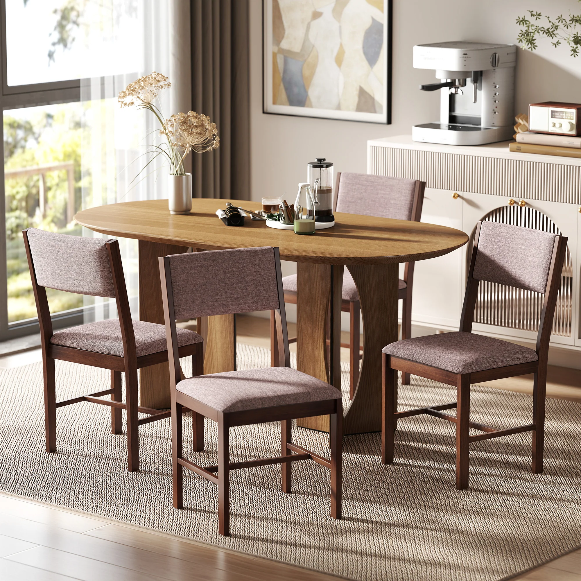 Set of 4 Linen Upholstered Dining Chairs with Rubberwood Legs in Brown - Image 3