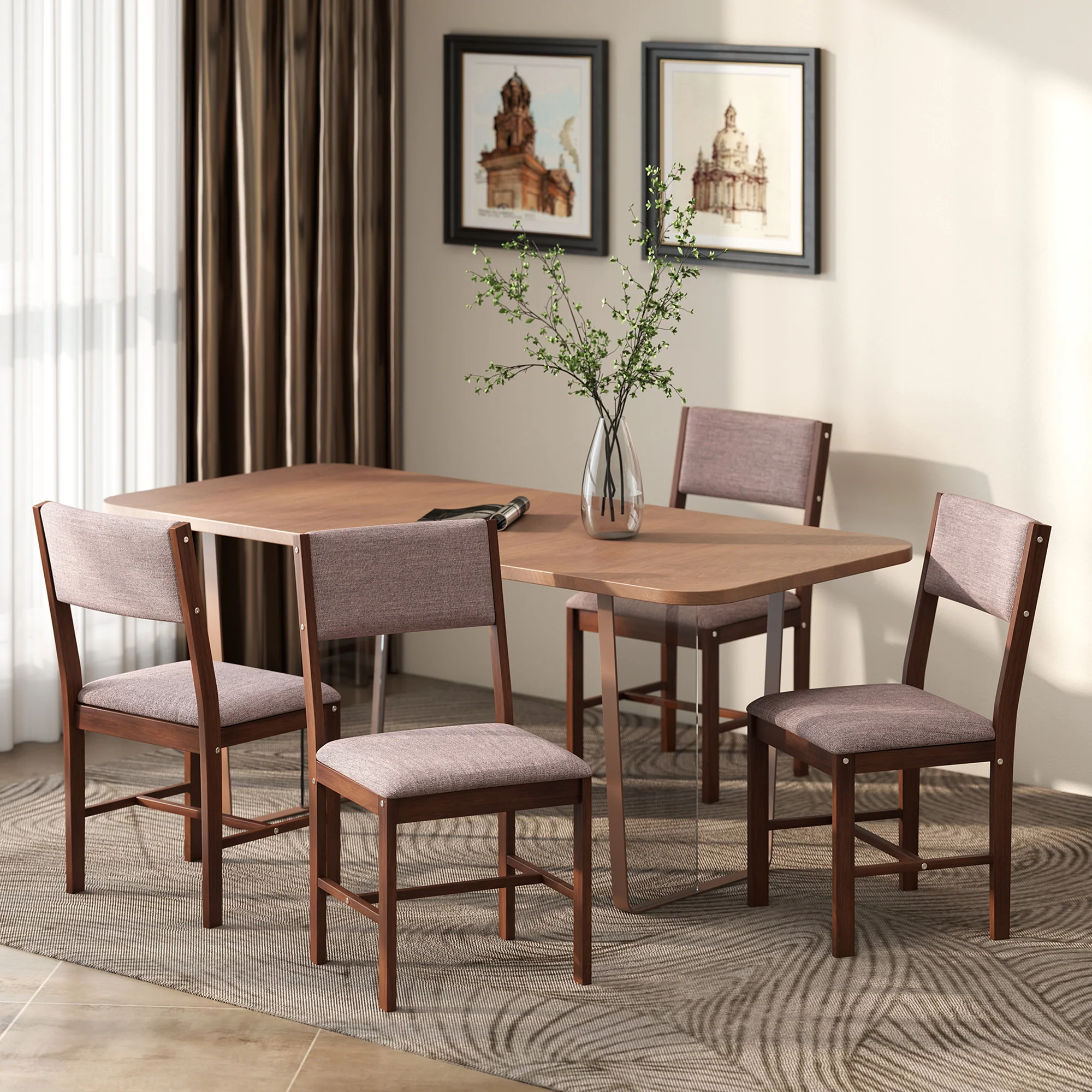 Set of 4 Linen Upholstered Dining Chairs with Rubberwood Legs in Brown - Image 4