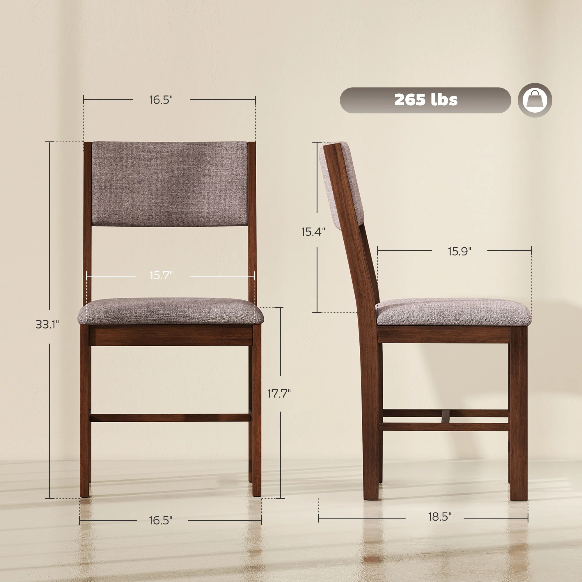 Set of 4 Linen Upholstered Dining Chairs with Rubberwood Legs in Brown - Image 5