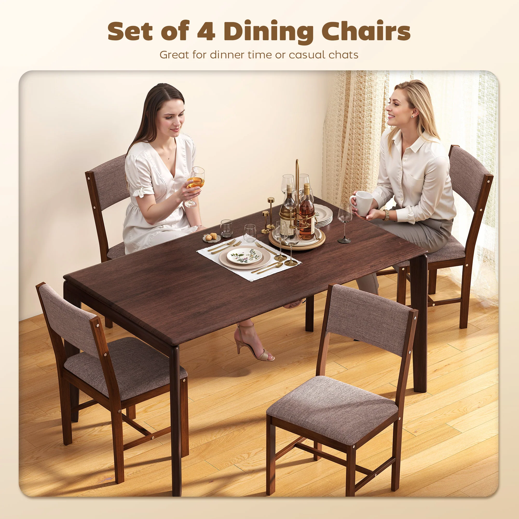 Set of 4 Linen Upholstered Dining Chairs with Rubberwood Legs in Brown - Image 6
