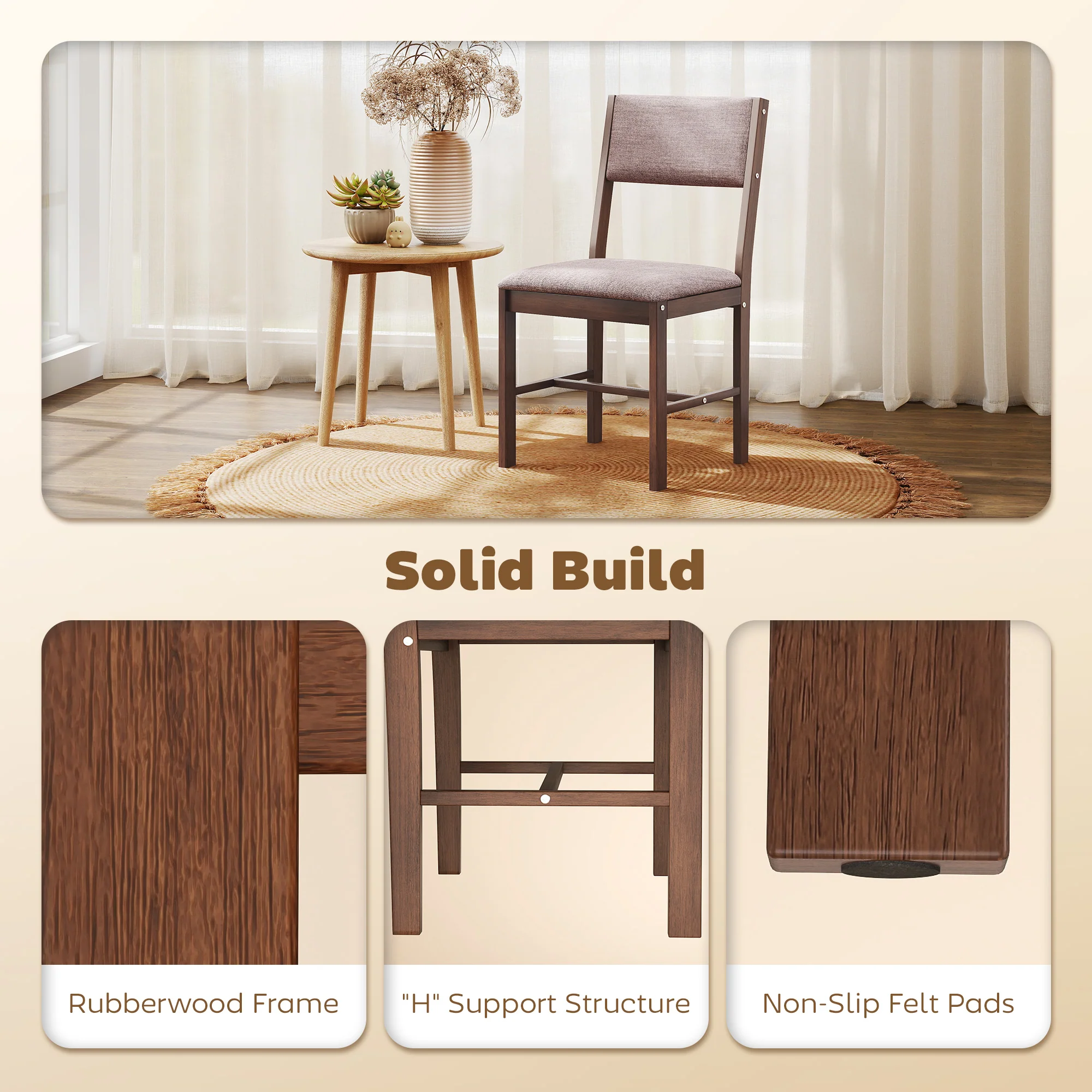 Set of 4 Linen Upholstered Dining Chairs with Rubberwood Legs in Brown - Image 7