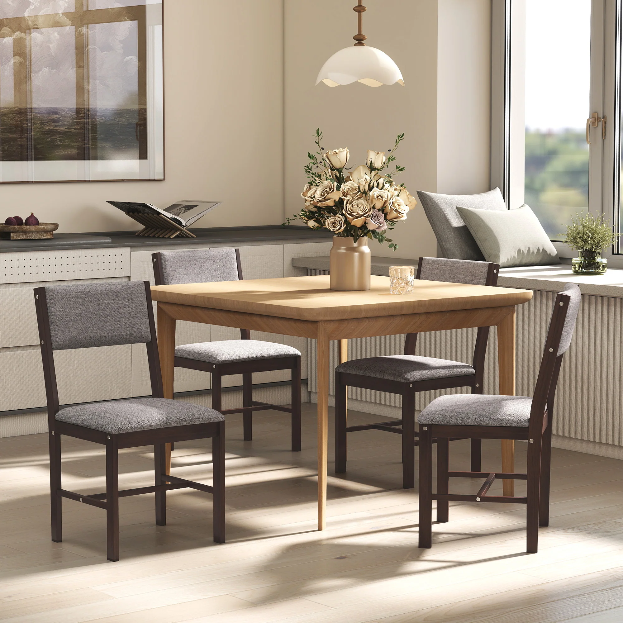 Set of 4 Linen Upholstered Dining Chairs with Rubberwood Legs in Walnut & Gray - Image 10