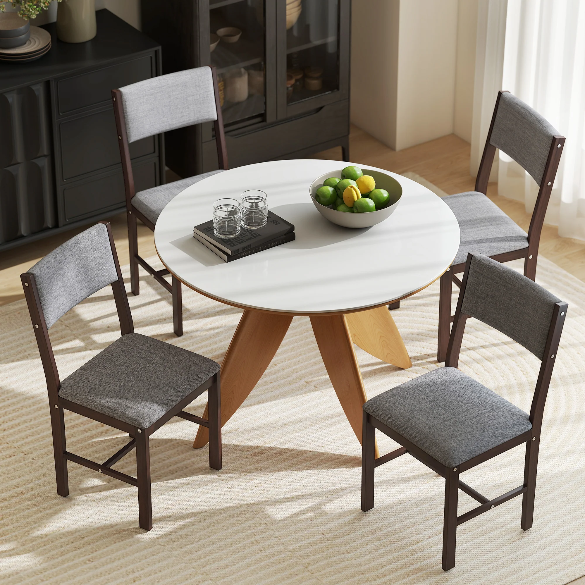 Set of 4 Linen Upholstered Dining Chairs with Rubberwood Legs in Walnut & Gray - Image 11