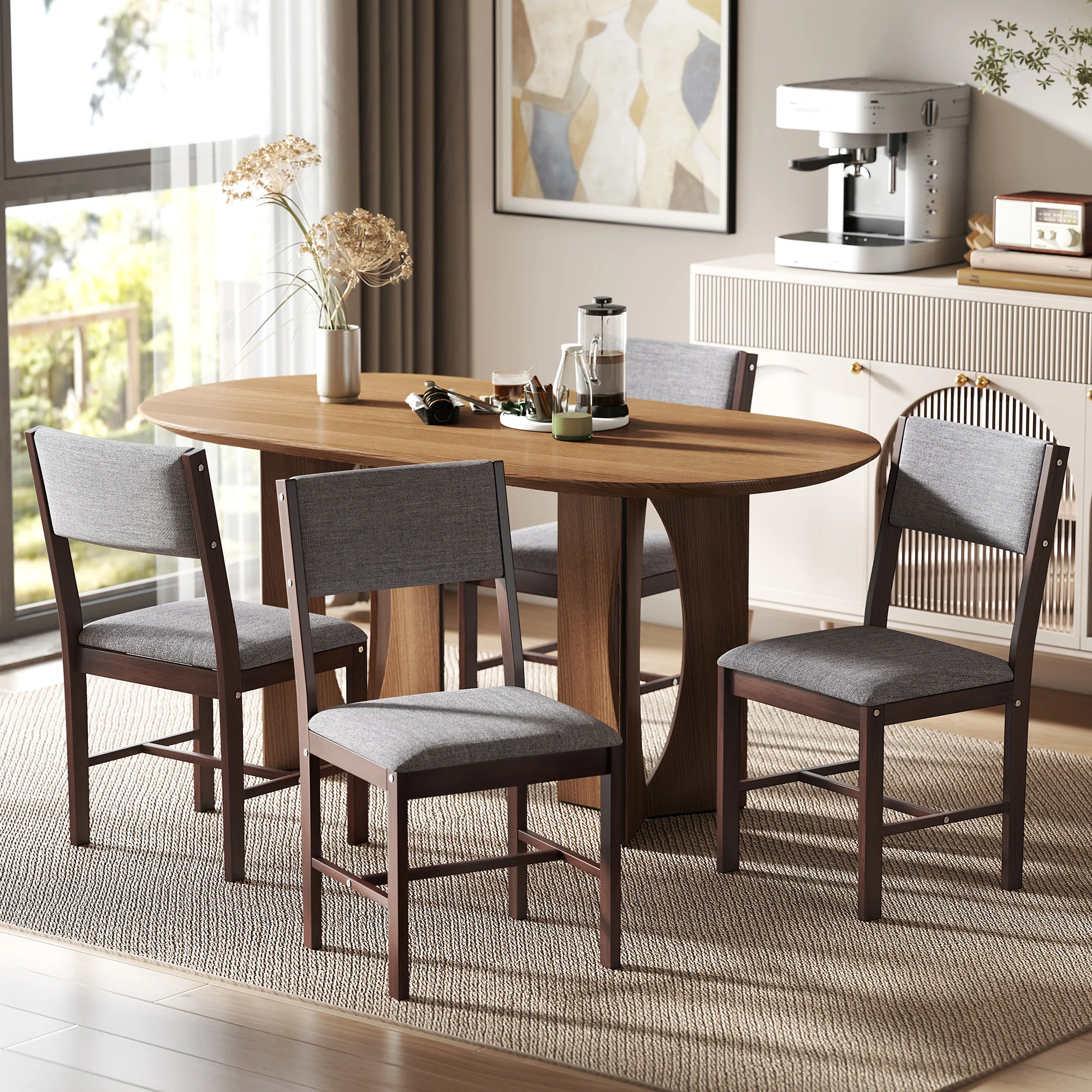 Set of 4 Linen Upholstered Dining Chairs with Rubberwood Legs in Walnut & Gray - Image 3