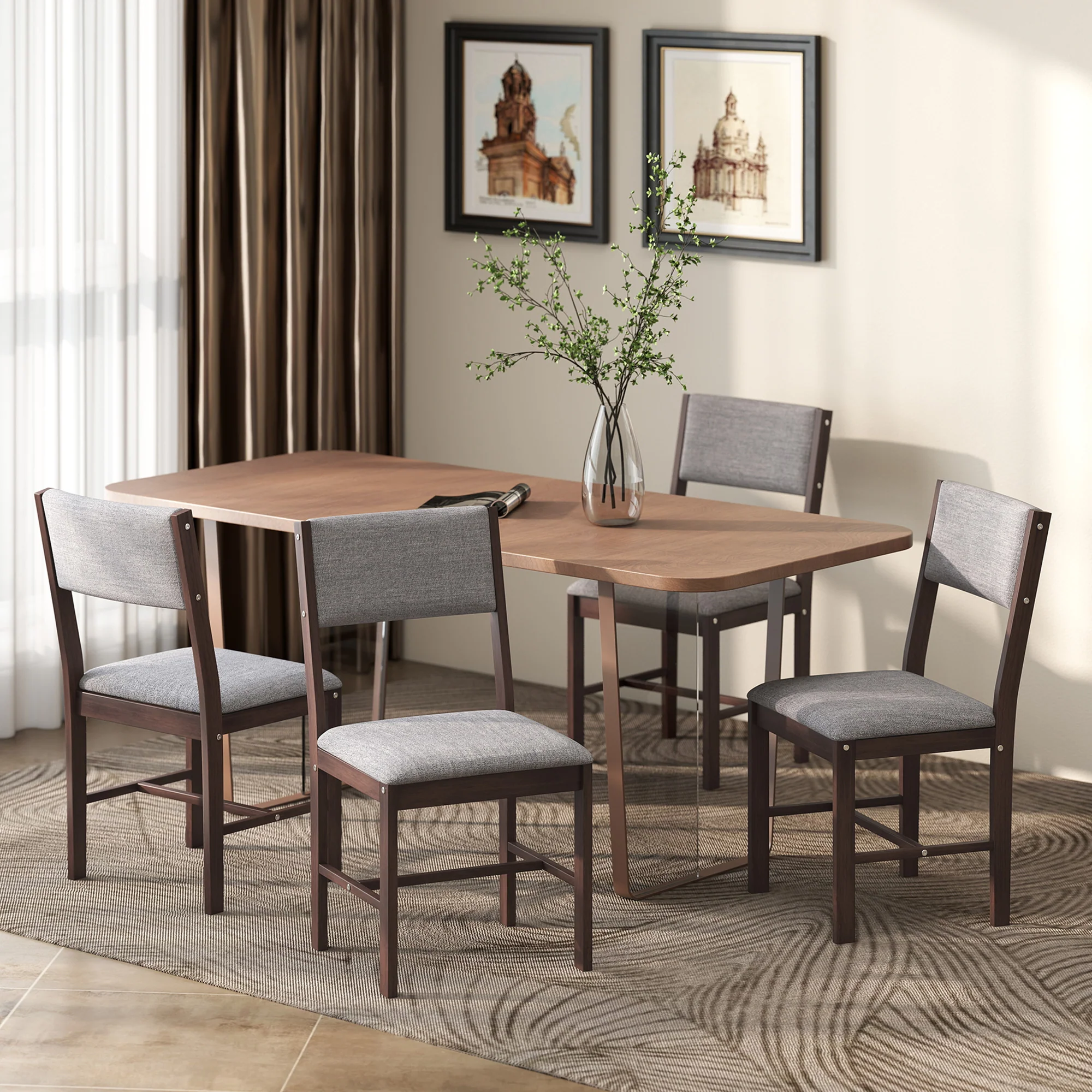 Set of 4 Linen Upholstered Dining Chairs with Rubberwood Legs in Walnut & Gray - Image 4