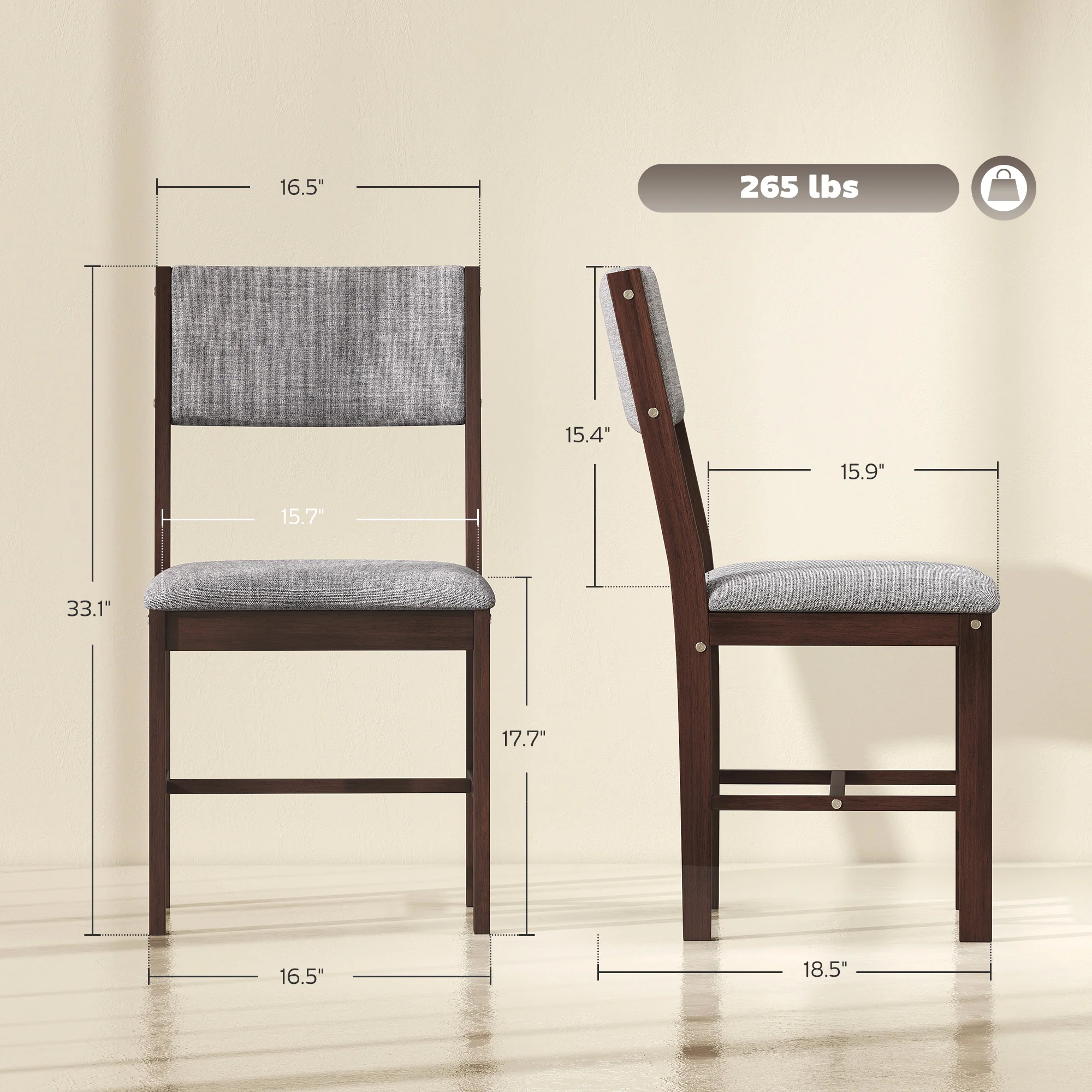 Set of 4 Linen Upholstered Dining Chairs with Rubberwood Legs in Walnut & Gray - Image 5