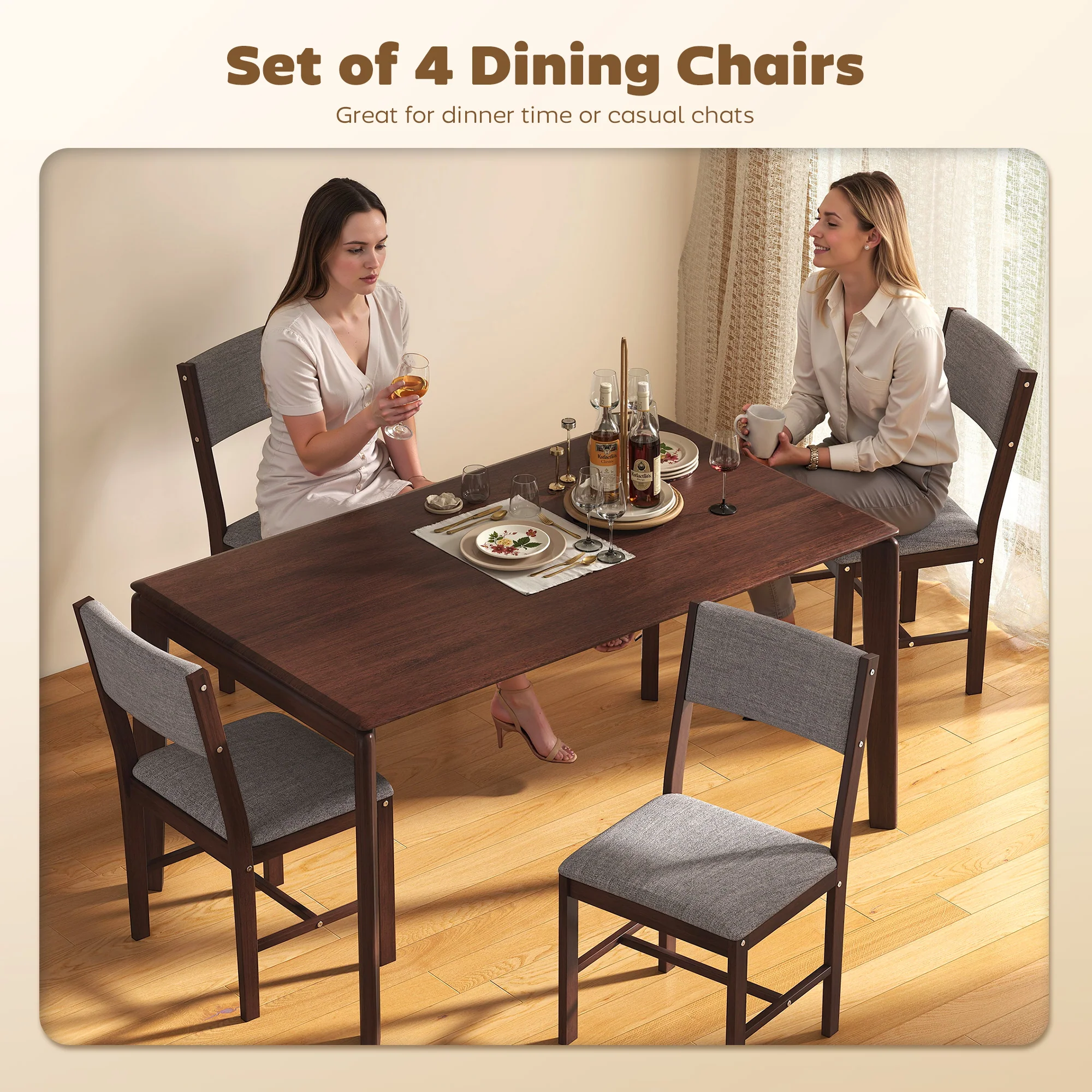 Set of 4 Linen Upholstered Dining Chairs with Rubberwood Legs in Walnut & Gray - Image 6
