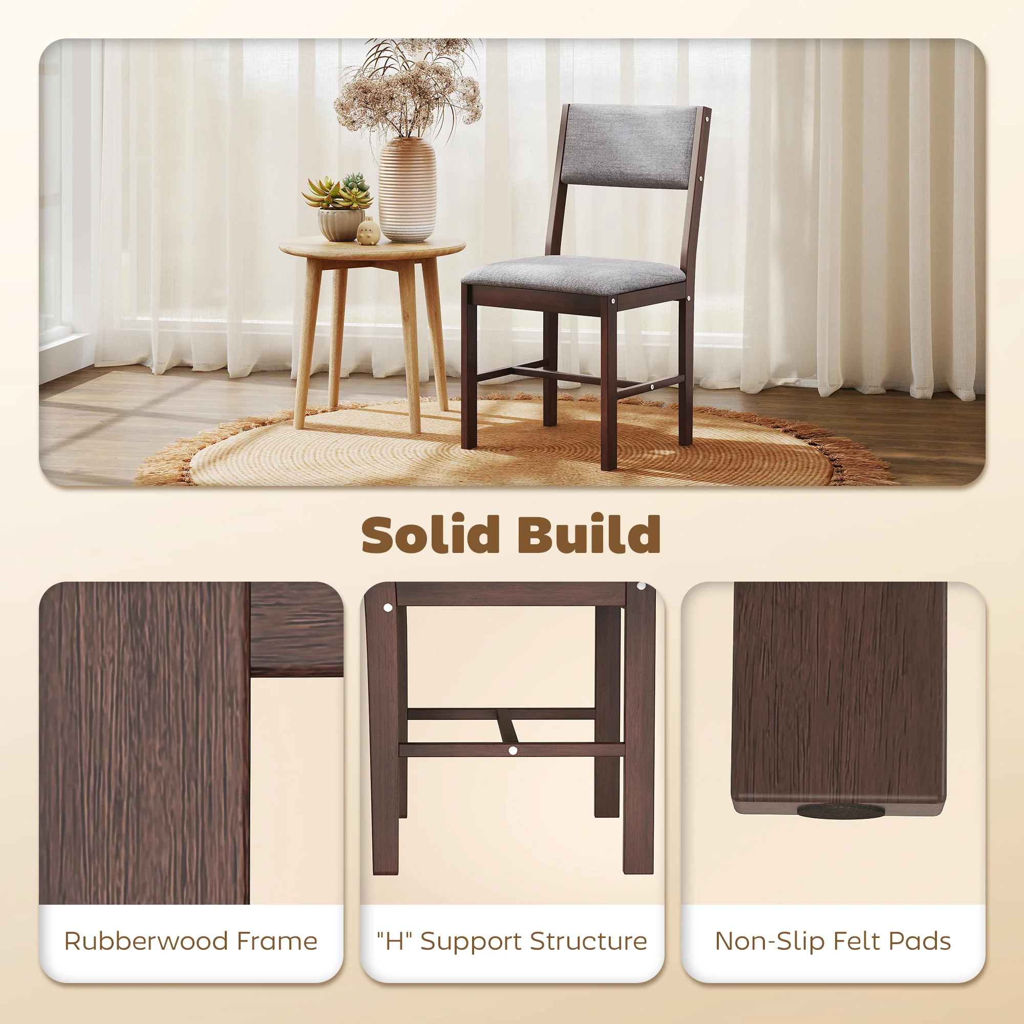 Set of 4 Linen Upholstered Dining Chairs with Rubberwood Legs in Walnut & Gray - Image 7