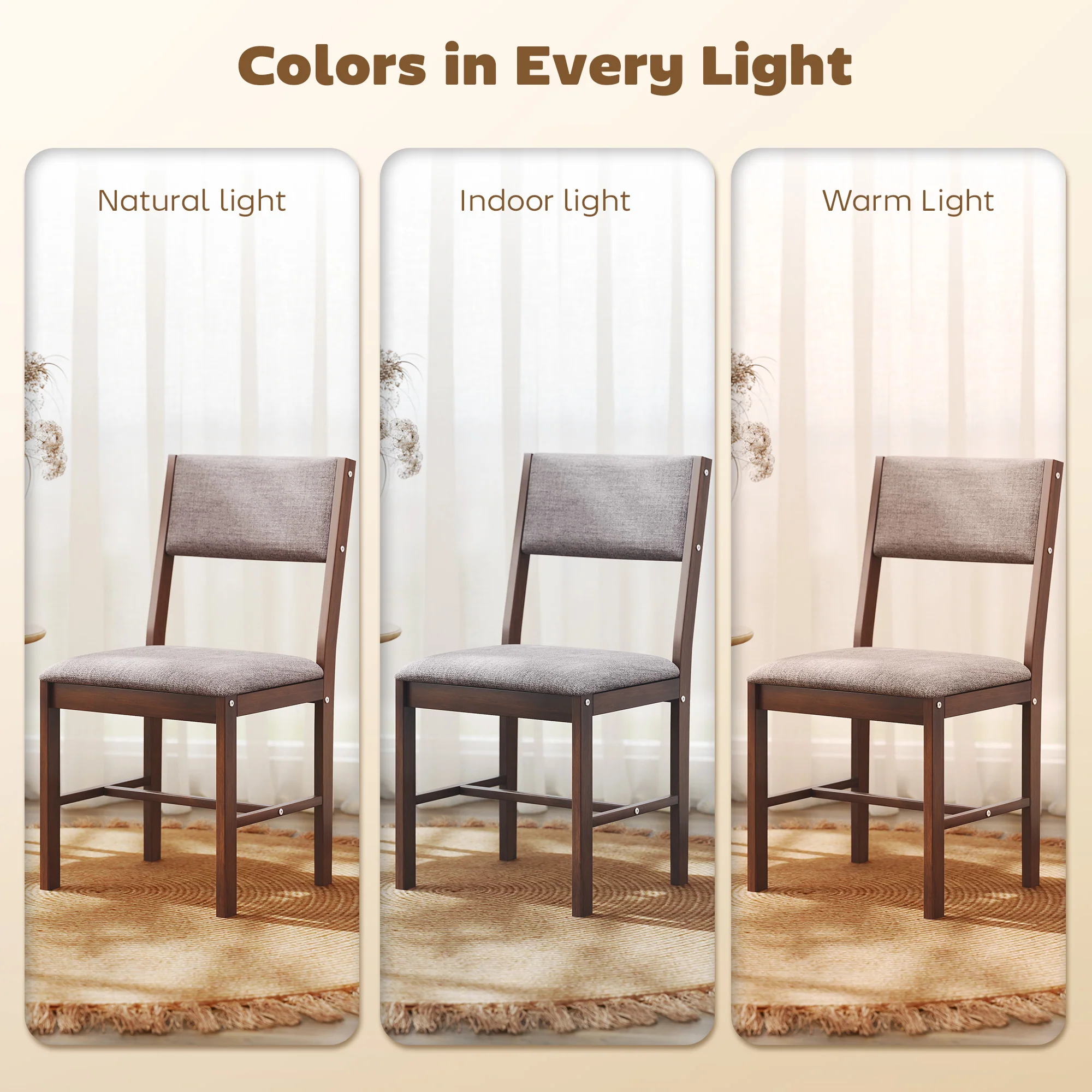 Set of 4 Linen Upholstered Dining Chairs with Rubberwood Legs in Brown - Image 9