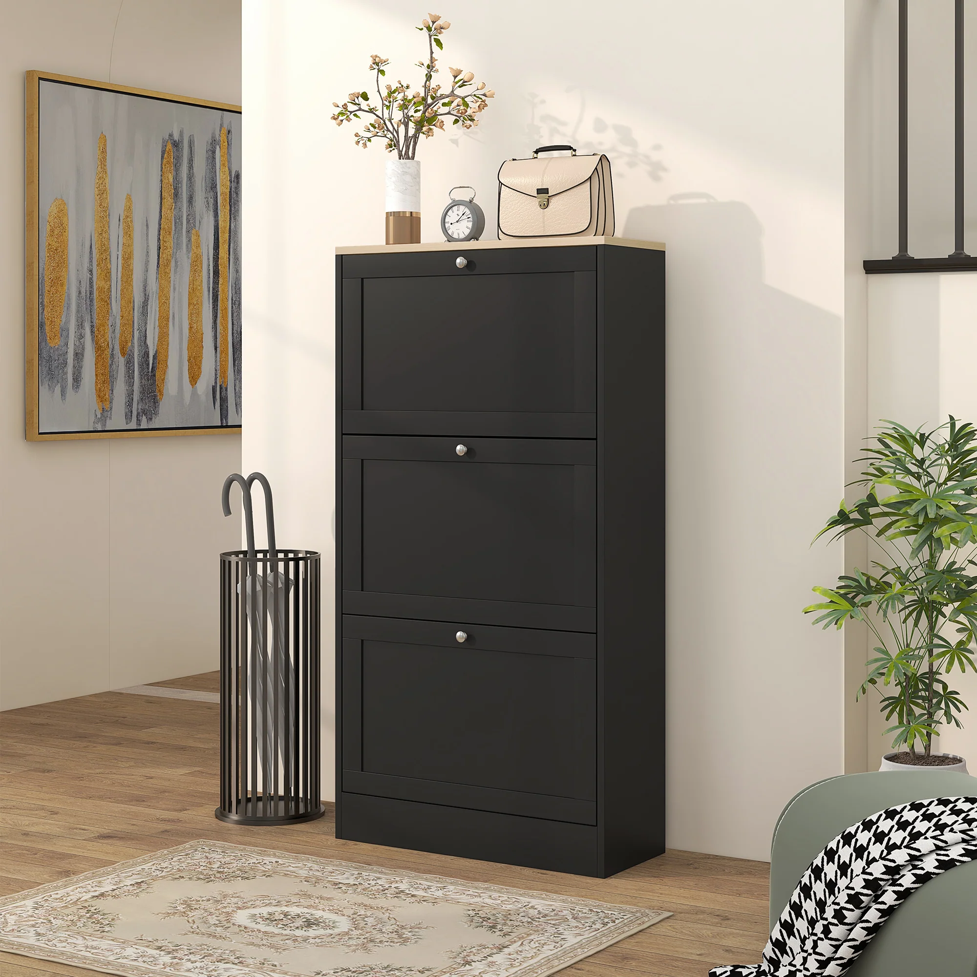 Modern Shoe Storage Cabinet with 3 Flip Drawers for 18 Pairs Black - Image 10