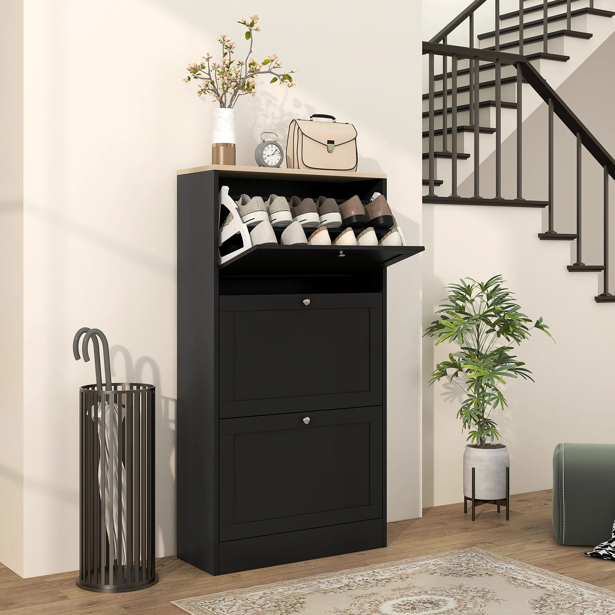 Modern Shoe Storage Cabinet with 3 Flip Drawers for 18 Pairs Black - Image 3