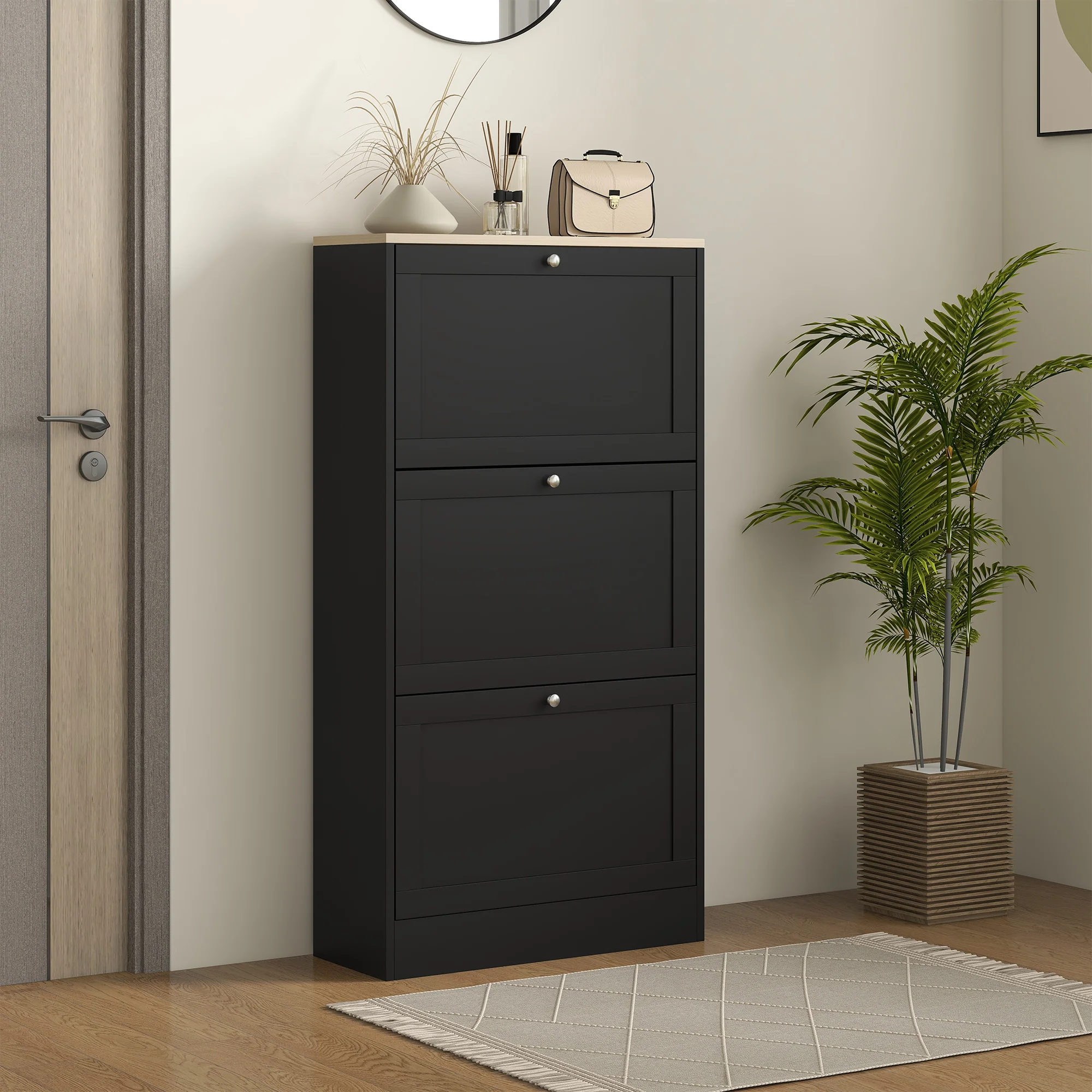 Modern Shoe Storage Cabinet with 3 Flip Drawers for 18 Pairs Black - Image 4
