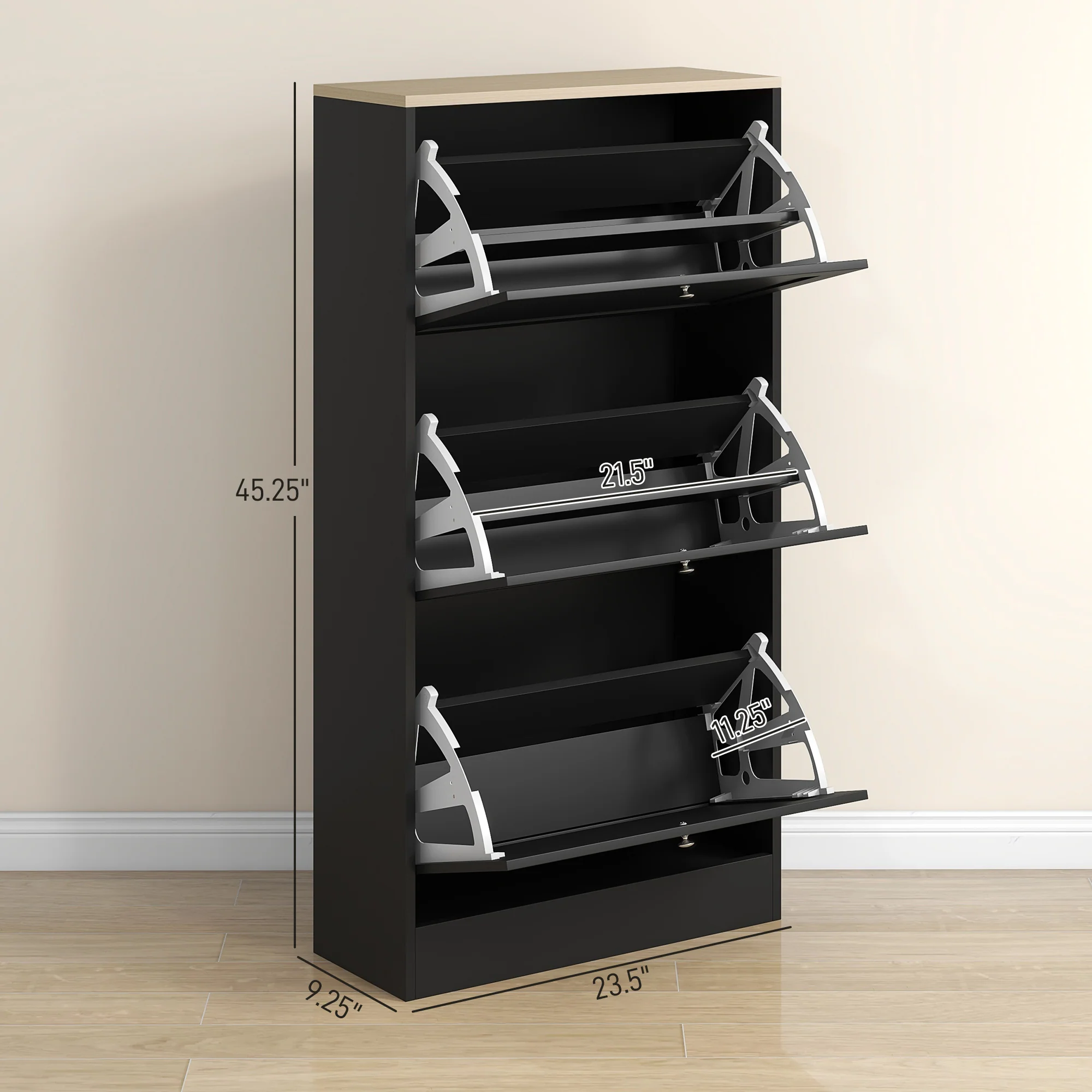 Modern Shoe Storage Cabinet with 3 Flip Drawers for 18 Pairs Black - Image 5