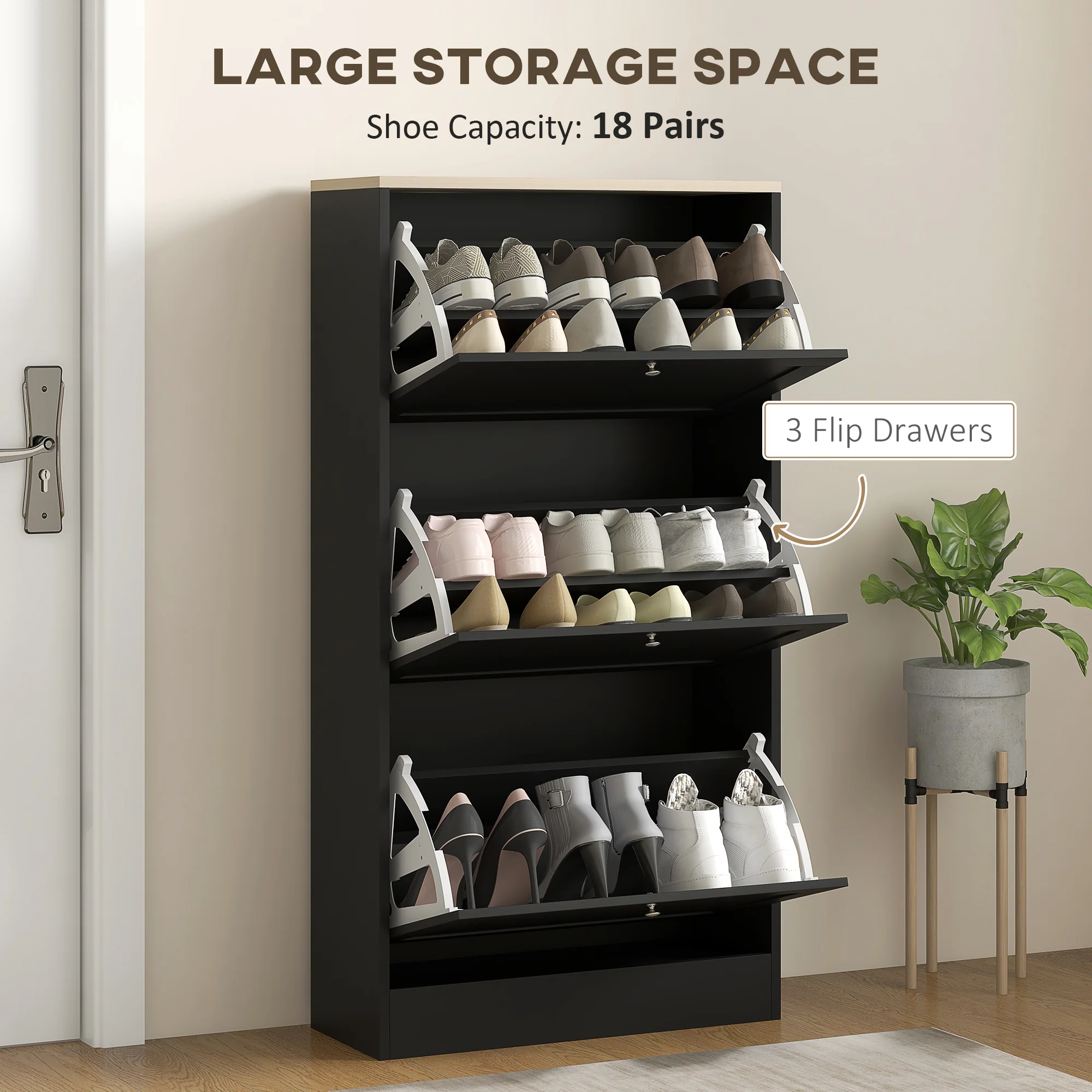 Modern Shoe Storage Cabinet with 3 Flip Drawers for 18 Pairs Black - Image 6