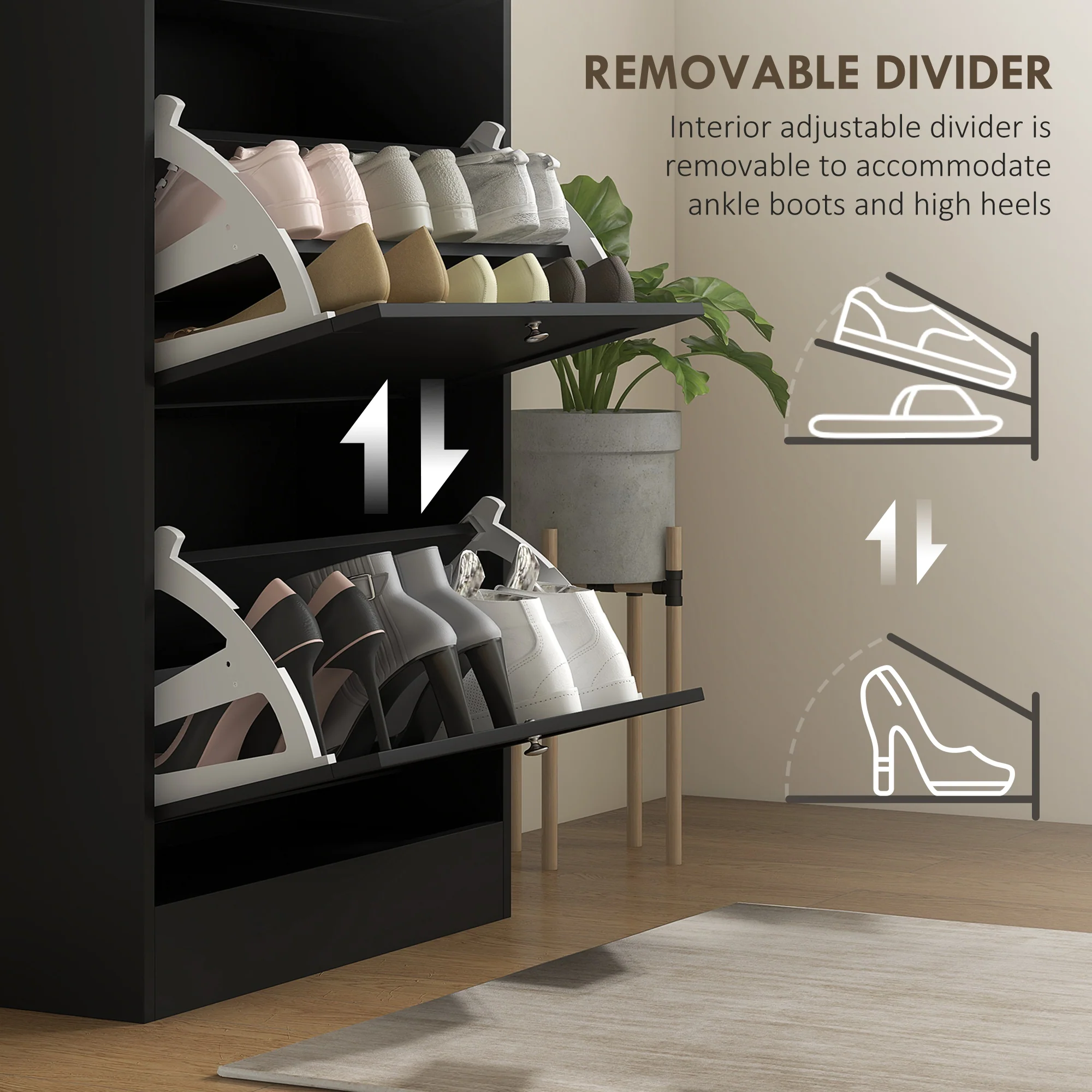 Modern Shoe Storage Cabinet with 3 Flip Drawers for 18 Pairs Black - Image 8