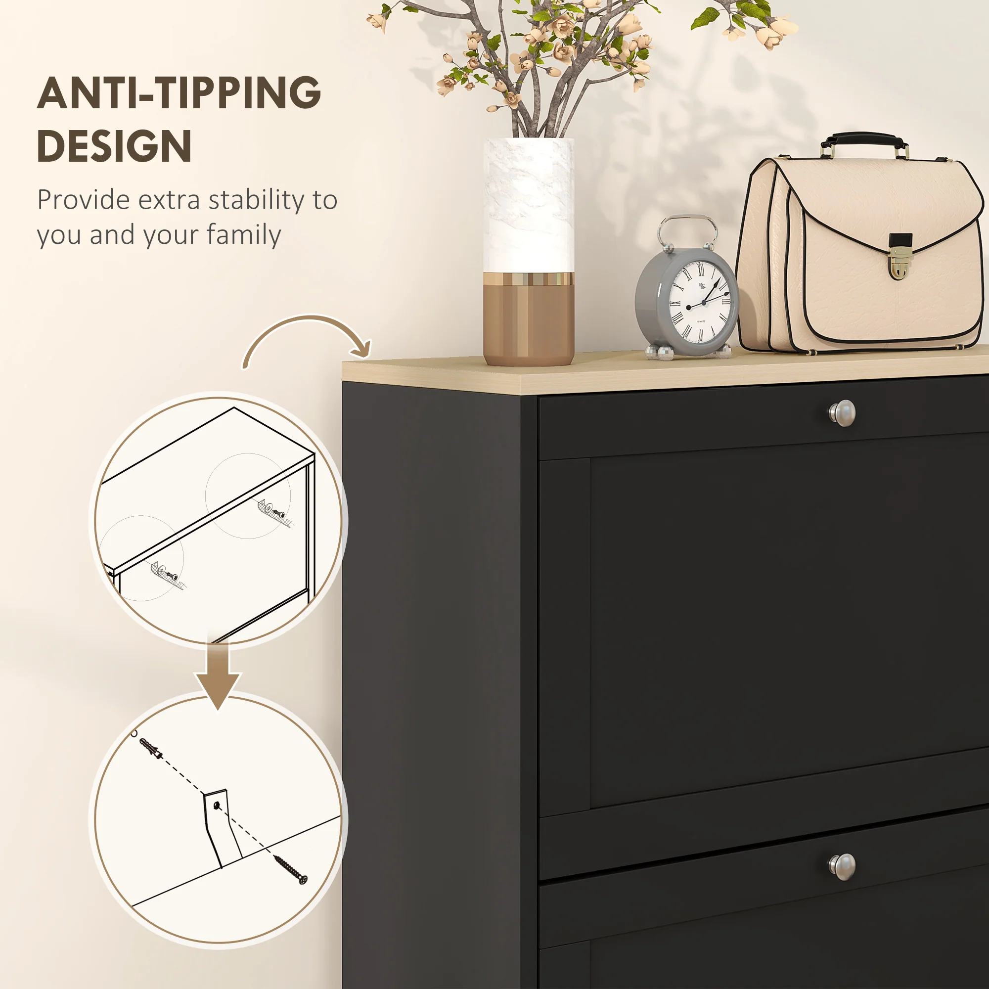 Modern Shoe Storage Cabinet with 3 Flip Drawers for 18 Pairs Black - Image 9