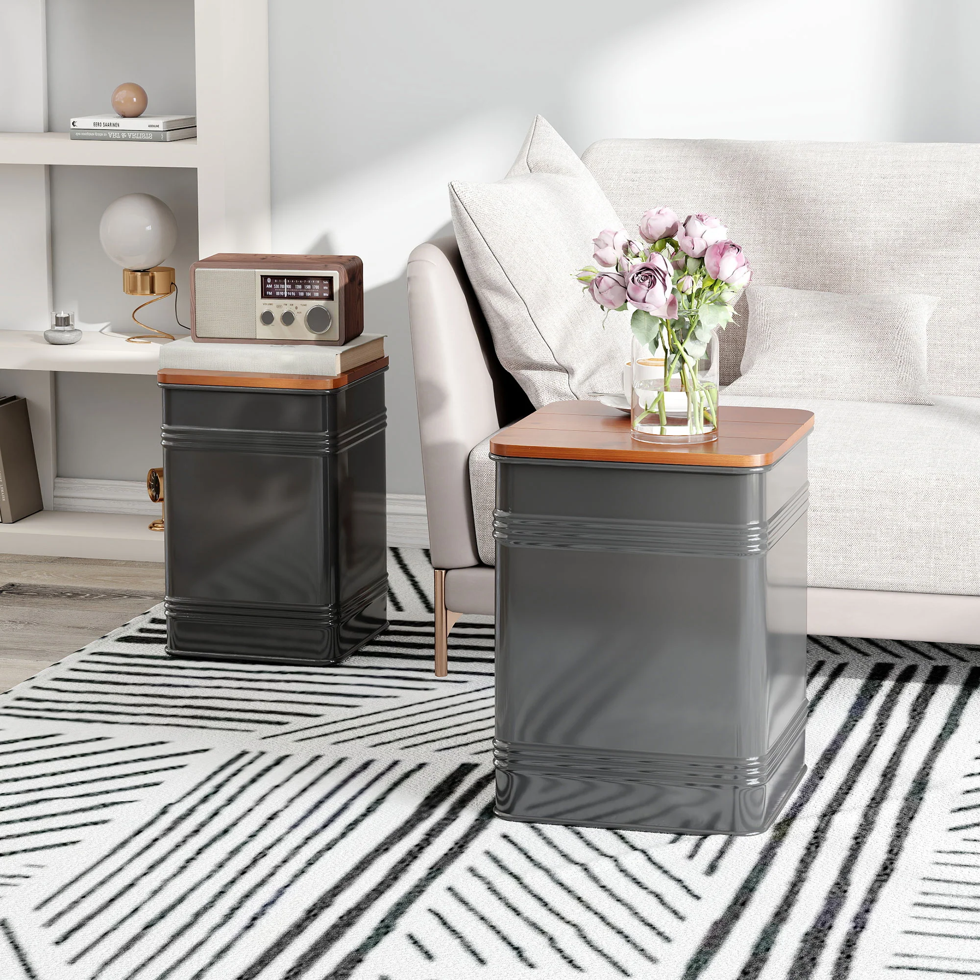 Ottoman with Storage Set of 2, Industrial Accent Side Table with Removable Wood Lid, Black - Image 10