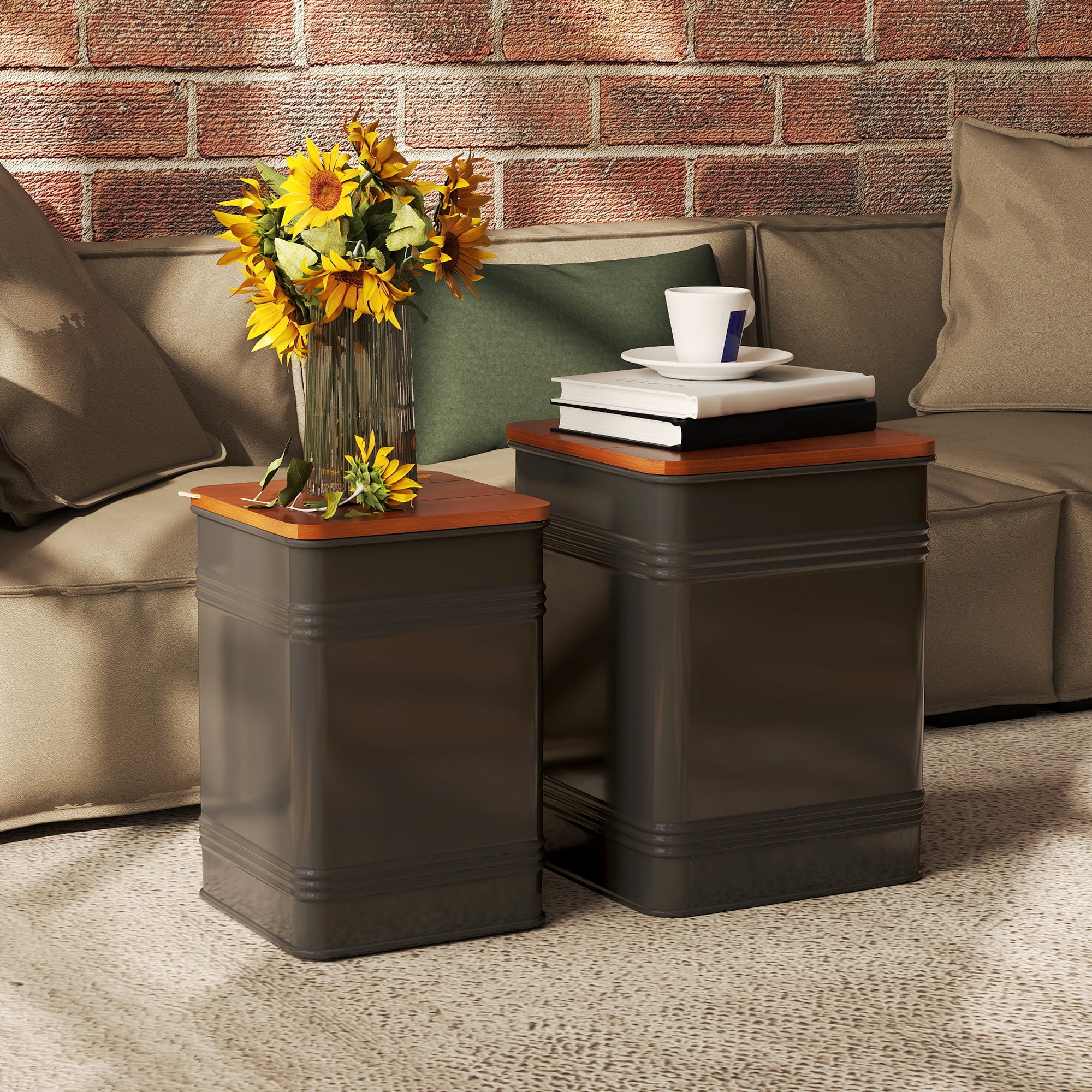 Ottoman with Storage Set of 2, Industrial Accent Side Table with Removable Wood Lid, Black - Image 3