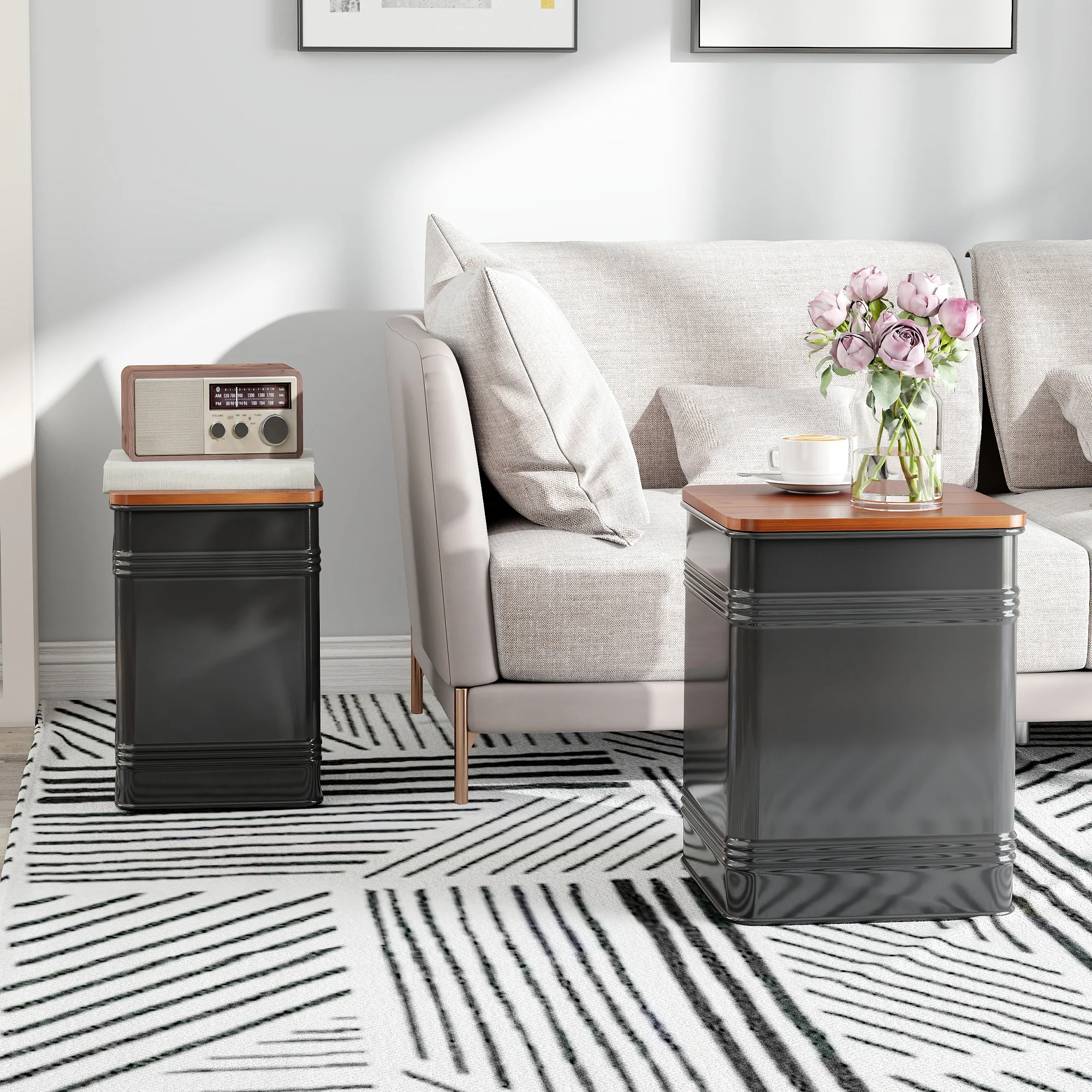 Ottoman with Storage Set of 2, Industrial Accent Side Table with Removable Wood Lid, Black - Image 4