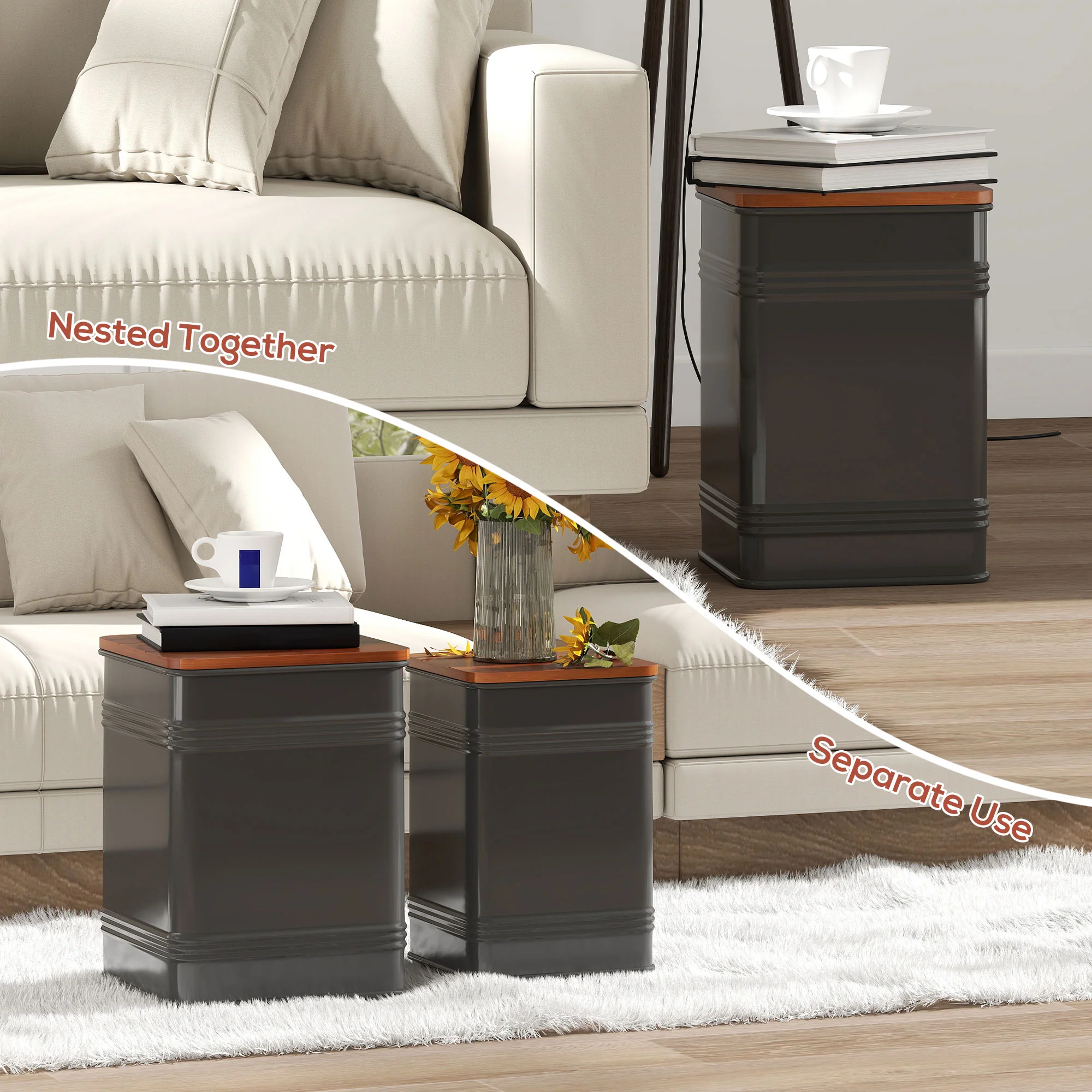 Ottoman with Storage Set of 2, Industrial Accent Side Table with Removable Wood Lid, Black - Image 7