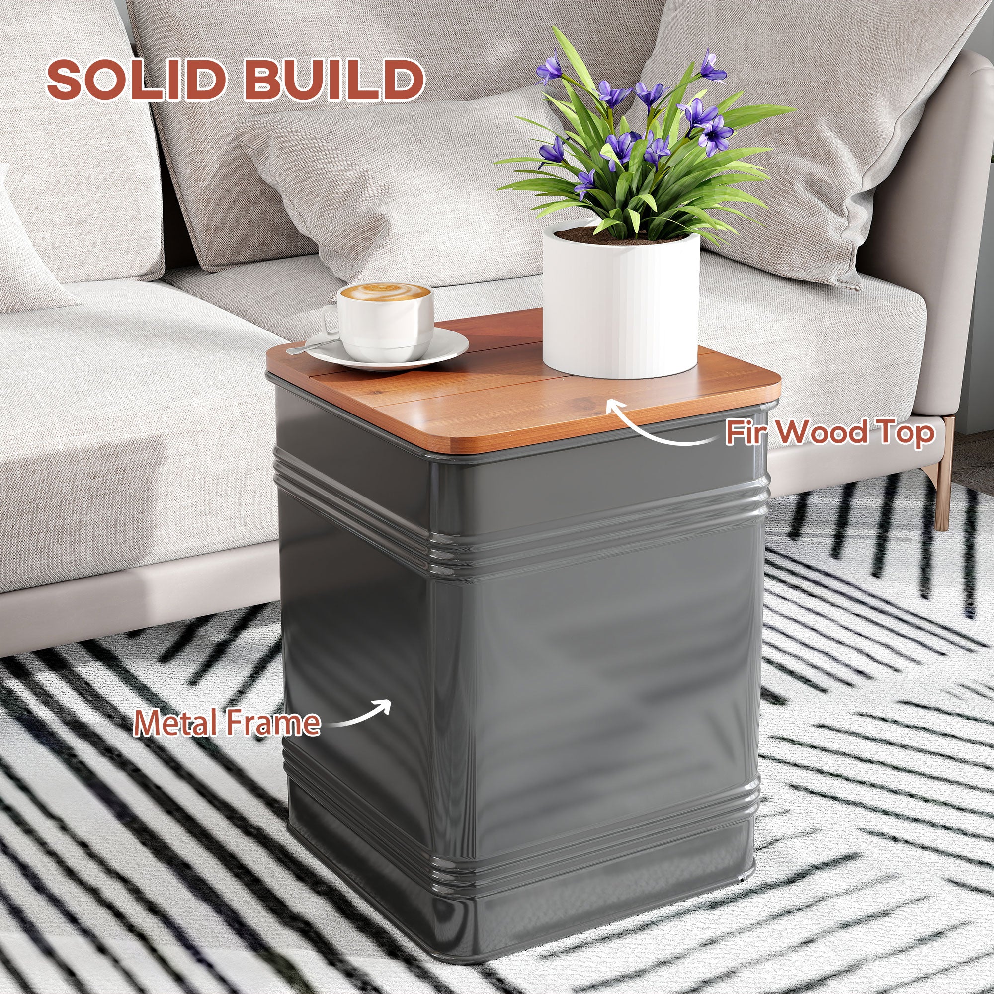 Ottoman with Storage Set of 2, Industrial Accent Side Table with Removable Wood Lid, Black - Image 8