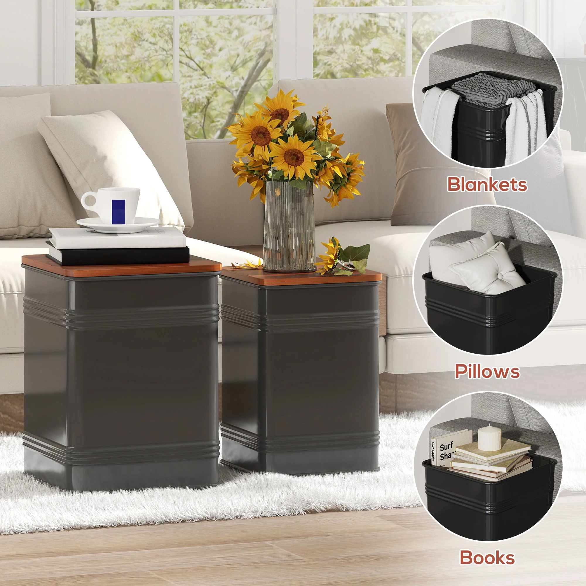 Ottoman with Storage Set of 2, Industrial Accent Side Table with Removable Wood Lid, Black - Image 9