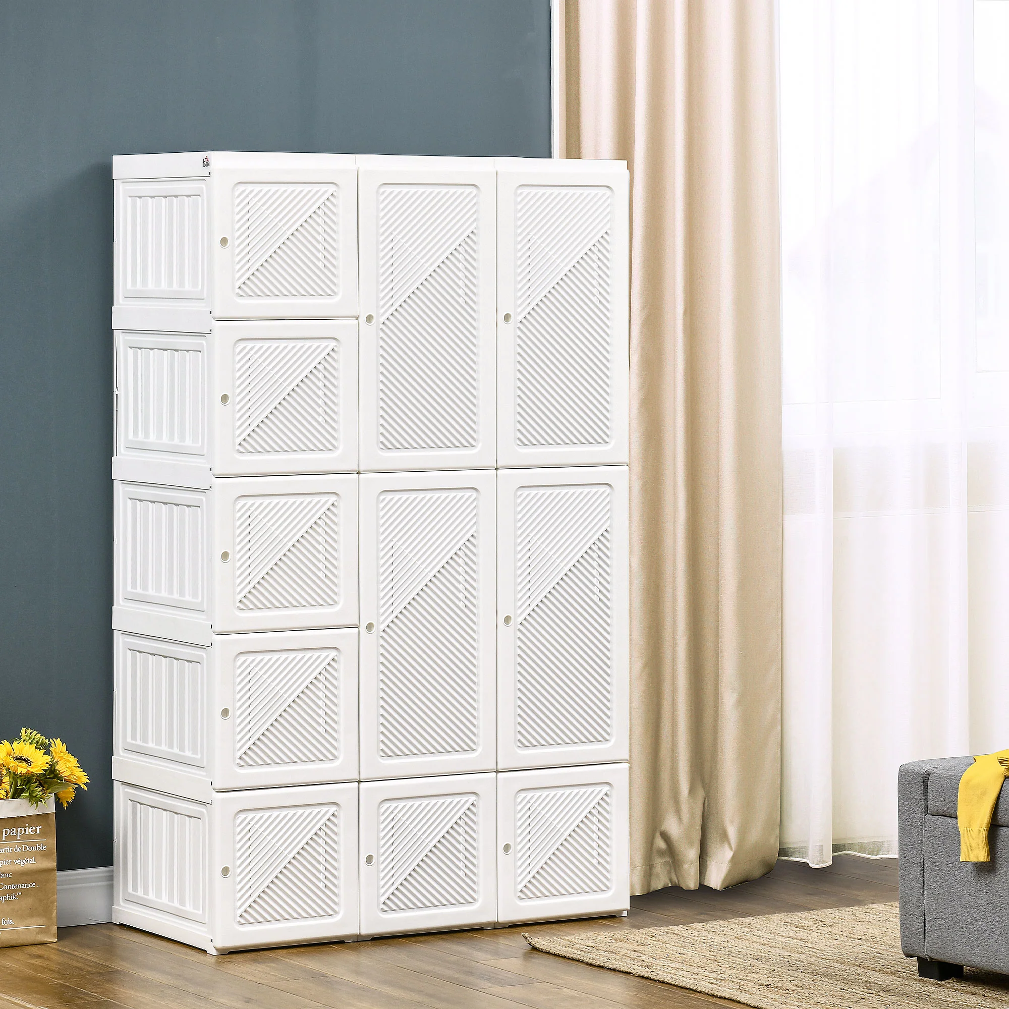 Portable Wardrobe Closet, Folding Armoire Clothes Organizer w/ 8 Cube Compartments, White - Image 3