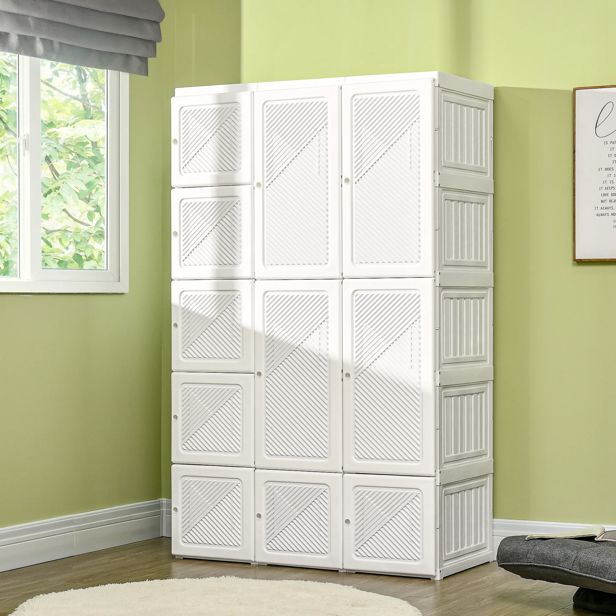 Portable Wardrobe Closet, Folding Armoire Clothes Organizer w/ 8 Cube Compartments, White - Image 4