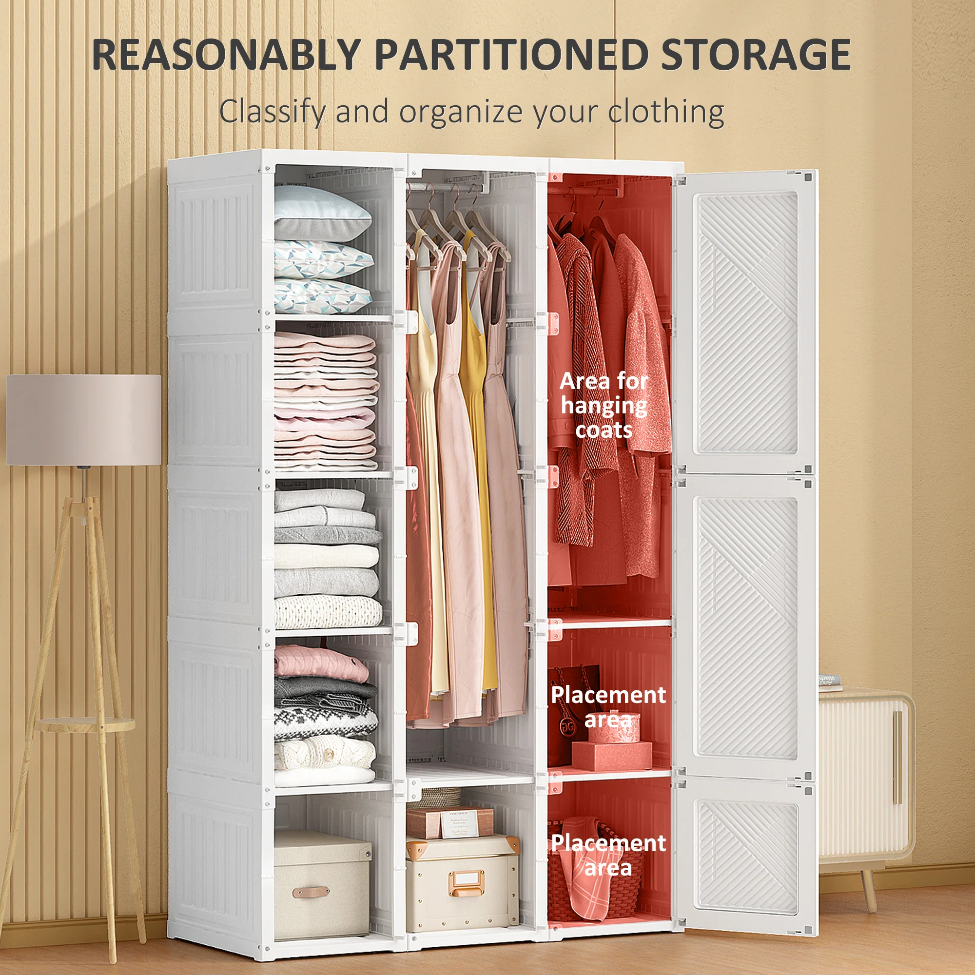 Portable Wardrobe Closet, Folding Armoire Clothes Organizer w/ 8 Cube Compartments, White - Image 6
