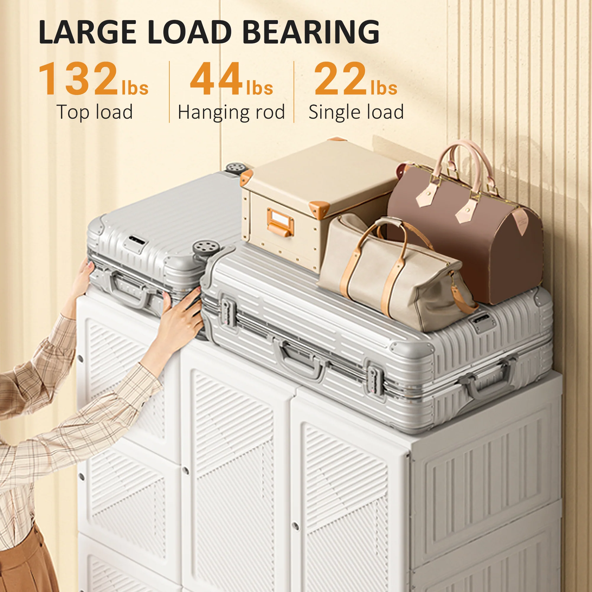 Portable Wardrobe Closet, Folding Armoire Clothes Organizer w/ 8 Cube Compartments, White - Image 8